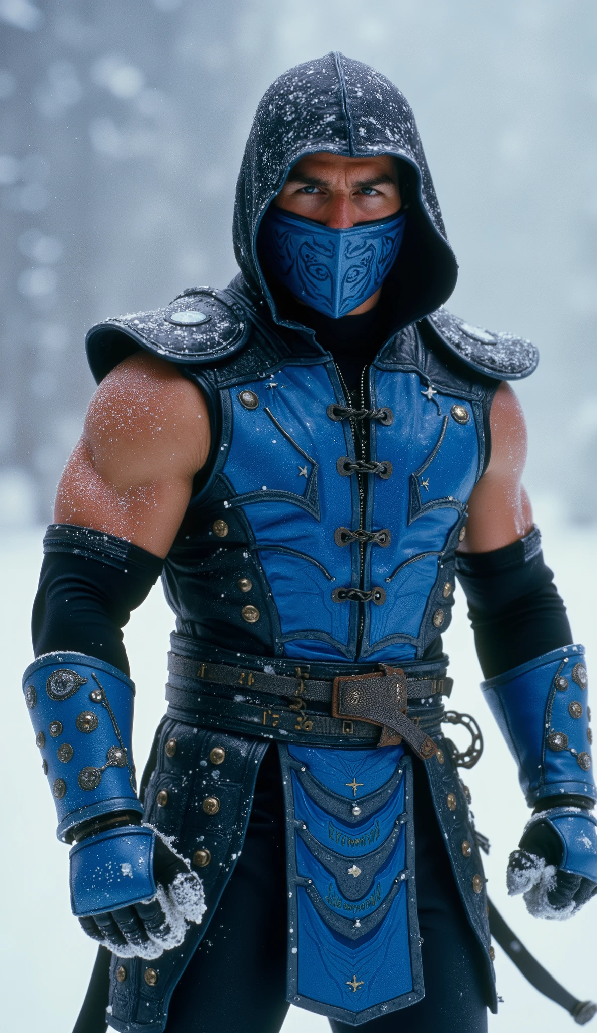 Tom Cruise takes on the role of the ruthless Sub-Zero in an electrifying reinterpretation of the master of cryokinesis in *Mortal Kombat*. Wearing ninja armor reinforced in shades of blue and black , with plates of crystallized ice that reflect light with an icy glow , it exudes the presence of a disciplined and lethal warrior . Its hood partially shades the intense and determined look , while the mask , adorned with ancient patterns , conceals any emotion—because in the heart of the cold , there is no room for hesitation .
His movements are fast and calculated , each step echoing the precision of a strategist trained over decades . Hands shrouded in icy mist transform the humidity of the air into deadly weapons—sharp spears , frozen blades and walls Ice appears at your will , shaping the battlefield as an architect of destruction . Your breath, visible in the cold air surrounding it , is the only sound before the storm—because when he attacks , it's like winter itself descending on its enemies .
no combat, Tom Cruise as Sub-Zero is the personification of coolness and martial perfection . His impeccable training and physical prowess allow him to execute devastating blows with unparalleled fluidity Able, disappearing into frozen mists and reappearing to carry out lethal attacks . your voice, grave e firme, echoes like a sharp wind , carrying with him the authority of a true leader of the Lin Kuei Clan .
And when he finally raises his hands to conjure his maximum strength , creating a glacial storm that freezes everything around , it's clear that Tom Cruise as Sub-Zero isn't just a warrior— he's winter incarnate , an icy specter whose only promise is the merciless extinction of his enemies .