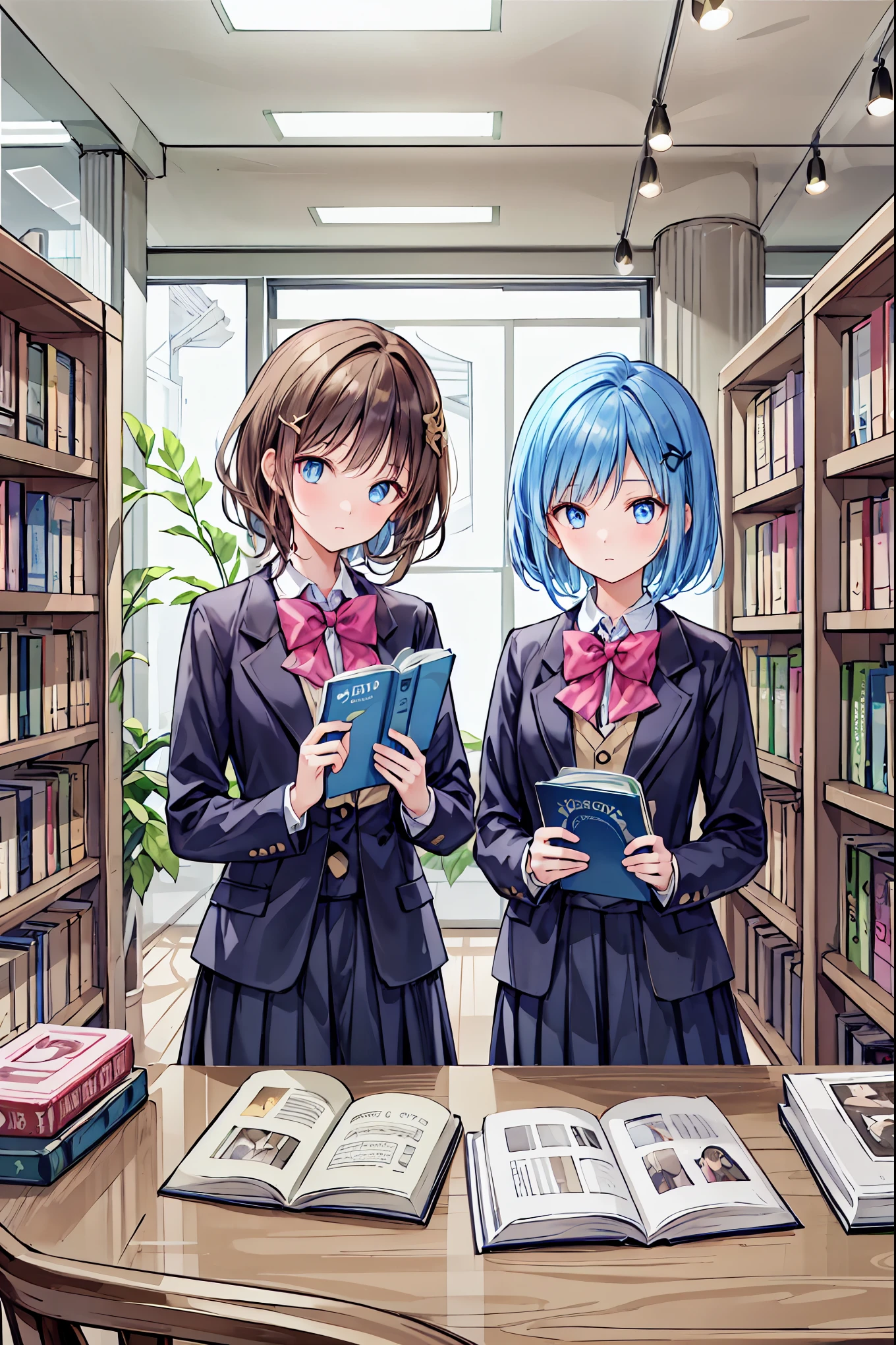 With a girl、 dark-haired、 short hair、 BEAUTIFUL HAIRSTYLES、High school students、school uniforms、 dark blue blazer 、 cute little、At the library、 I'm looking for a book 、after school、 golden ratio、 high detail