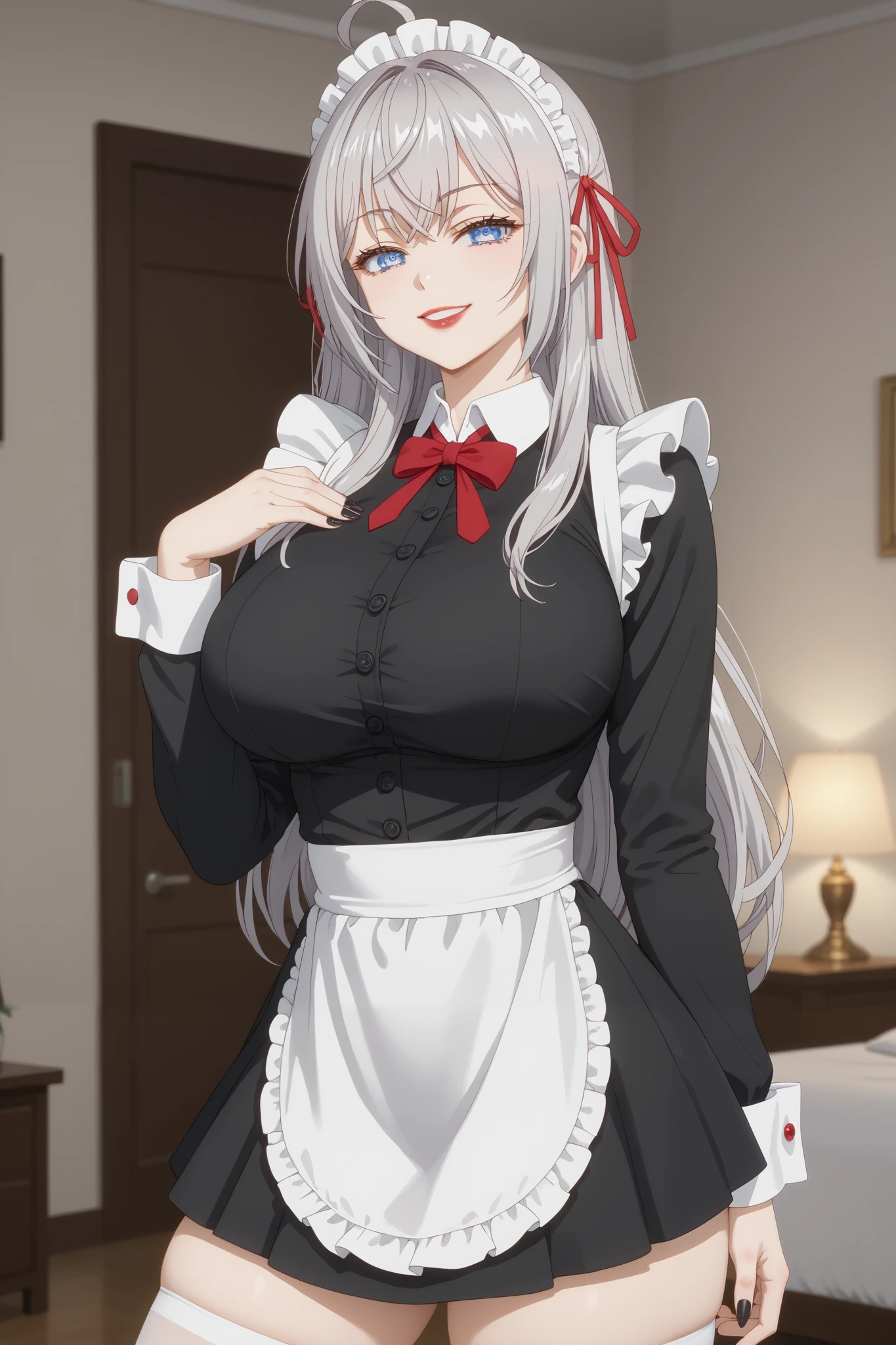 Girls, smile, red lips, fair skin, big tits, big breats, big ass, big butt, long hair, sexy body, thic body, beauty girls, maid costume, black and white maid costume colors, stocking, white stocking colors, nails, black nails colors, in bedroom background, sexy pose, ultra realistic graphic, gaze in the camera, gaze looking camera, looking camera, score_9, score_8_up, score_7_up, anime screencap, source_anime, 1girl, BREAK alisamikhailovnakujou, long hair, gray hair, ahoge, crossed bangs, blue eyes, hair ribbon, red ribbon, pale skin, AlyaSchool, buttons, long sleeves, white thighs, smug, looking at viewer, detailed close-up, extremely detailed eyes, (Beautiful and big breasts: 1.2), big breasts,