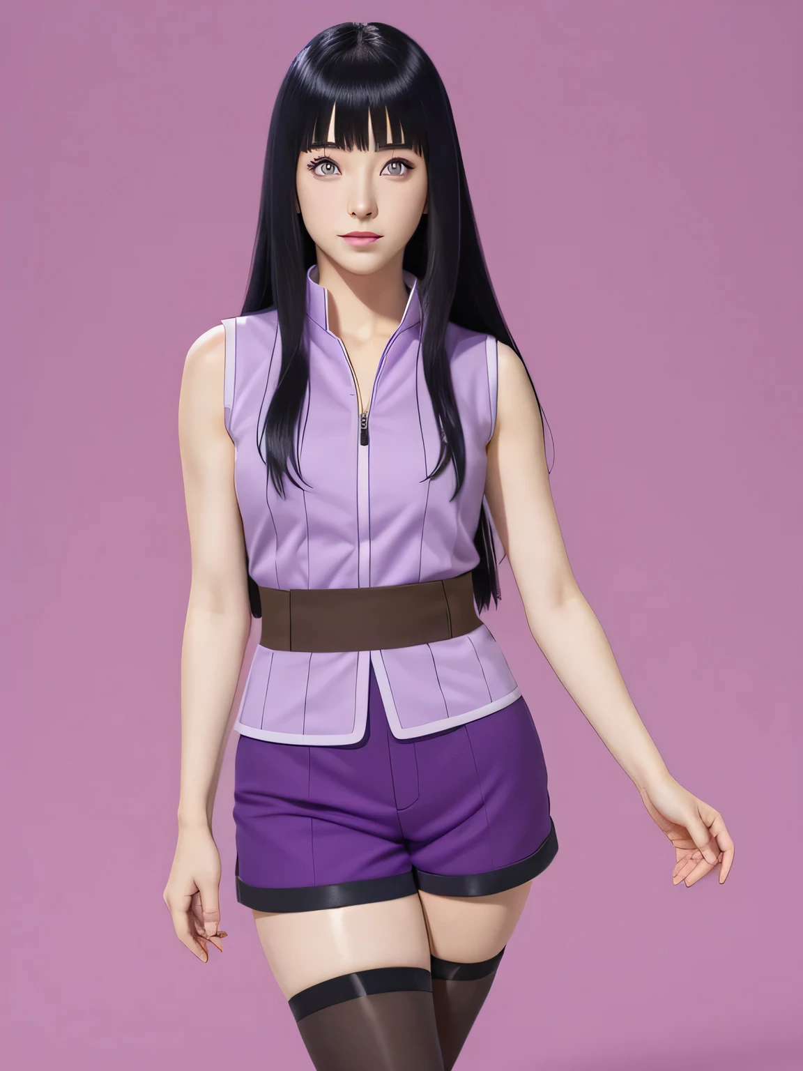 Hinata Hyuga, a girl, high resolution, long hair, fringe, black hair , light purple eyes , Digital Art , anime style. Light purple Japanese clothes, heart, sleeveless , shorts roxos, thighs. Forest background.