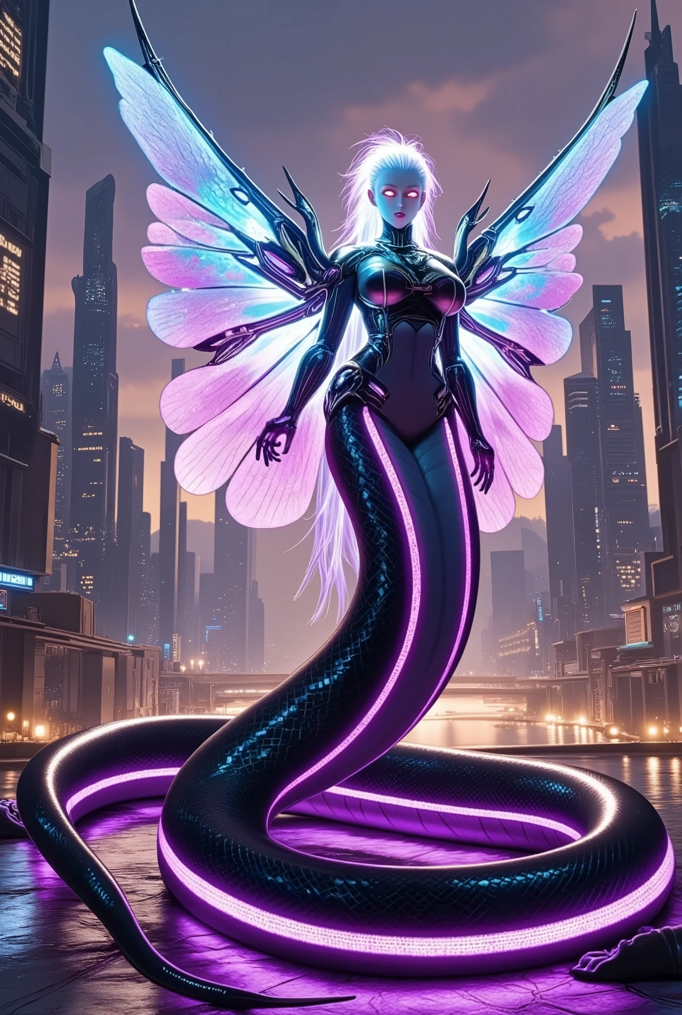Create a massive, futuristic Serpent Woman, towering above a vast, quantum cyber city. Her upper body is human, but armored in sleek, advanced combat gear, featuring futuristic plating, glowing circuits, and neon accents, giving her the appearance of a high-tech warrior. The armor is intricately designed, with smooth, metallic surfaces and sharp geometric edges that reflect the pulsating energy of the city. Her porcelain skin peeks through the armor, adorned with glowing circuit-like patterns, adding a blend of organic elegance and cutting-edge technology.
Her long, flowing hair is a cascade of metallic silver, interwoven with electric-blue strands, pulsating like living wires, and glowing with powerful energy. Her eyes emit a radiant, vibrant glow, brimming with ancient knowledge and futuristic power. Below her waist, her body seamlessly transforms into a colossal, coiling serpent tail, covered in iridescent scales that shimmer in neon shades of purple, green, and blue. The scales are etched with intricate digital patterns, flickering with energy that mirrors the city’s high-tech environment.
From her back, massive translucent wings unfold, resembling glowing digital grids and shimmering holograms. These wings pulse with electric energy, amplifying the overwhelming power flowing through her serpent tail. She stands amidst the towering spires and luminous streets of a quantum cyber city, with neon lights and holographic projections illuminating the futuristic landscape. The city is a vast expanse of interconnected metallic structures, glowing circuit patterns running along the surfaces, creating an awe-inspiring, technological wonder.
The air is filled with energy and digital hums, a perfect fusion of nature, technology, and quantum innovation. Her imposing, yet graceful presence exudes both beauty and supreme power, as if she is the protector and ruler of this futuristic world, balancing both the ancient and the cutting-edge.