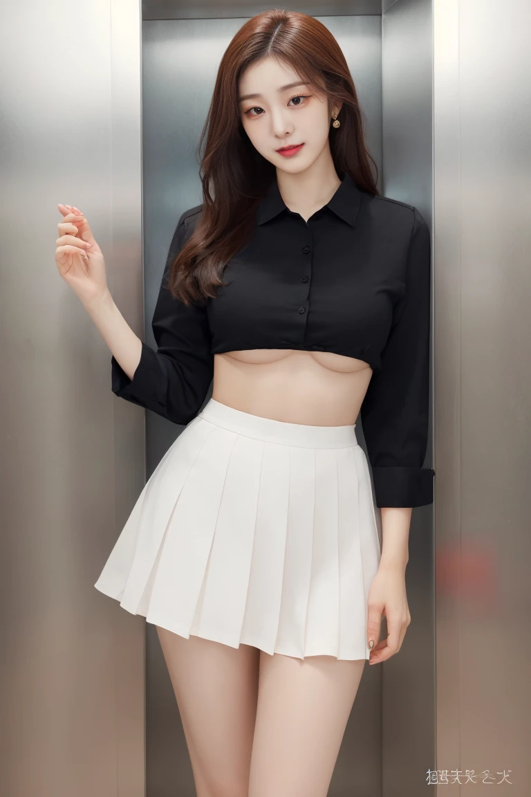 top quality, original photo, ultra high resolution, 17 years old Korean, very large round breasts, split, light brown hair, School uniform, shirt, ribbon, Plaid skirt, Beautiful navel, Mouth is very thin, Smile,, beautiful eye details, long eyes, Three white eyes, Dark cheek makeup, long eyelashes, beautiful double eyelids, eye shadow, beautiful thin legs, Poolside, School