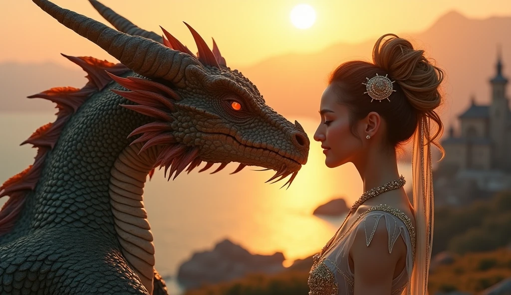 A majestic dragon standing tall, its scales shimmering in shades of emerald and gold. Around its neck, the dragon wears a high-tech AIwearable necklace with glowing blue circuits and a small, intricate central device. The background features a mix of ancient ruins and futuristic technology, blending the fantasy and sci-fi elements seamlessly. The dragon's eyes are intelligent and curious, reflecting its connection with advanced technology. In the foreground. An ultra hot gorgeous European woman. Age 23. Full lips. Epic cleavage (100E size bra) in sheer lace evening dress. Sensual pose.