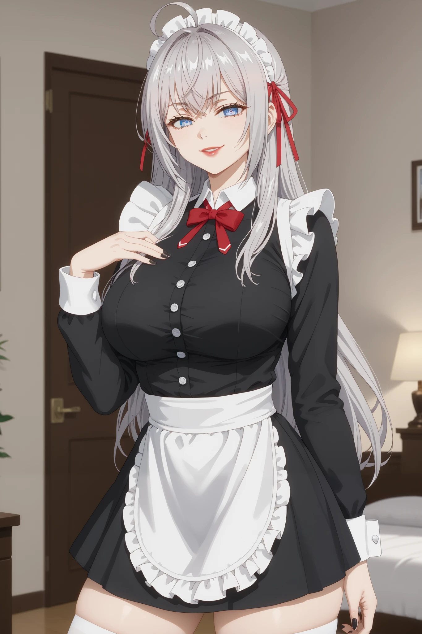 Girls, smile, red lips, fair skin, big tits, big breats, big ass, big butt, long hair, sexy body, thic body, beauty girls, maid costume, black and white maid costume colors, stocking, white stocking colors, nails, black nails colors, in bedroom background, sexy pose, ultra realistic graphic, gaze in the camera, gaze looking camera, looking camera, score_9, score_8_up, score_7_up, anime screencap, source_anime, 1girl, BREAK alisamikhailovnakujou, long hair, gray hair, ahoge, crossed bangs, blue eyes, hair ribbon, red ribbon, pale skin, AlyaSchool, buttons, long sleeves, white thighs, smug, looking at viewer, detailed close-up, extremely detailed eyes, (Beautiful and big breasts: 1.2), big breasts,