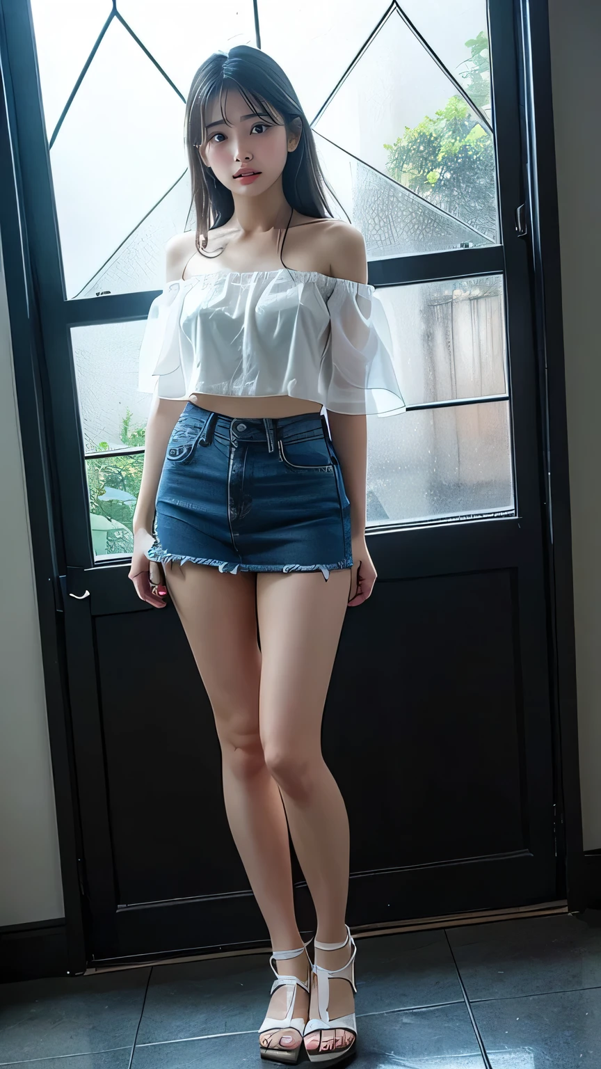 ((Best quality, realisticlying, 8k ultra high definition, Masterpiece: 1.3)), Focus: 1.5, Slim and slim figure，Petite，being thin: 1.4, (long beautiful hair，hair straight，Brown Black，Delicate hair)), (Wet clothes: 1.1) , (rain, sea beach: 1.3), 1 beautiful maiden（18yr old）, 独奏，Casual sheer top, No bra, Raised breasts cleavage, Petite: 1.5, （ Small thin waist），Small buttocks，The flat lower abdomen is exposed，Stylish denim skirt（Denim miniskirt），（Low Waist），（Open navel）, Premium texture: 1.3, High-quality granularity, (Nice little crystal sandals: 1.2), Legs are well-proportioned，White legs together，Highly detailed face and skin texture,petty face，putting makeup on，Super nice looking， Beautiful eyes, 二重まぶた , delicated， beautifuldetails， Fair face and skin, Smile, Toothy，lipsticks，There are dimples，(female focus, waistup & hips focus, close focus, hdr shot）, Legs together, Slender and long legs，varied pose，Shooting from front(full bodyesbian: 1.8))
