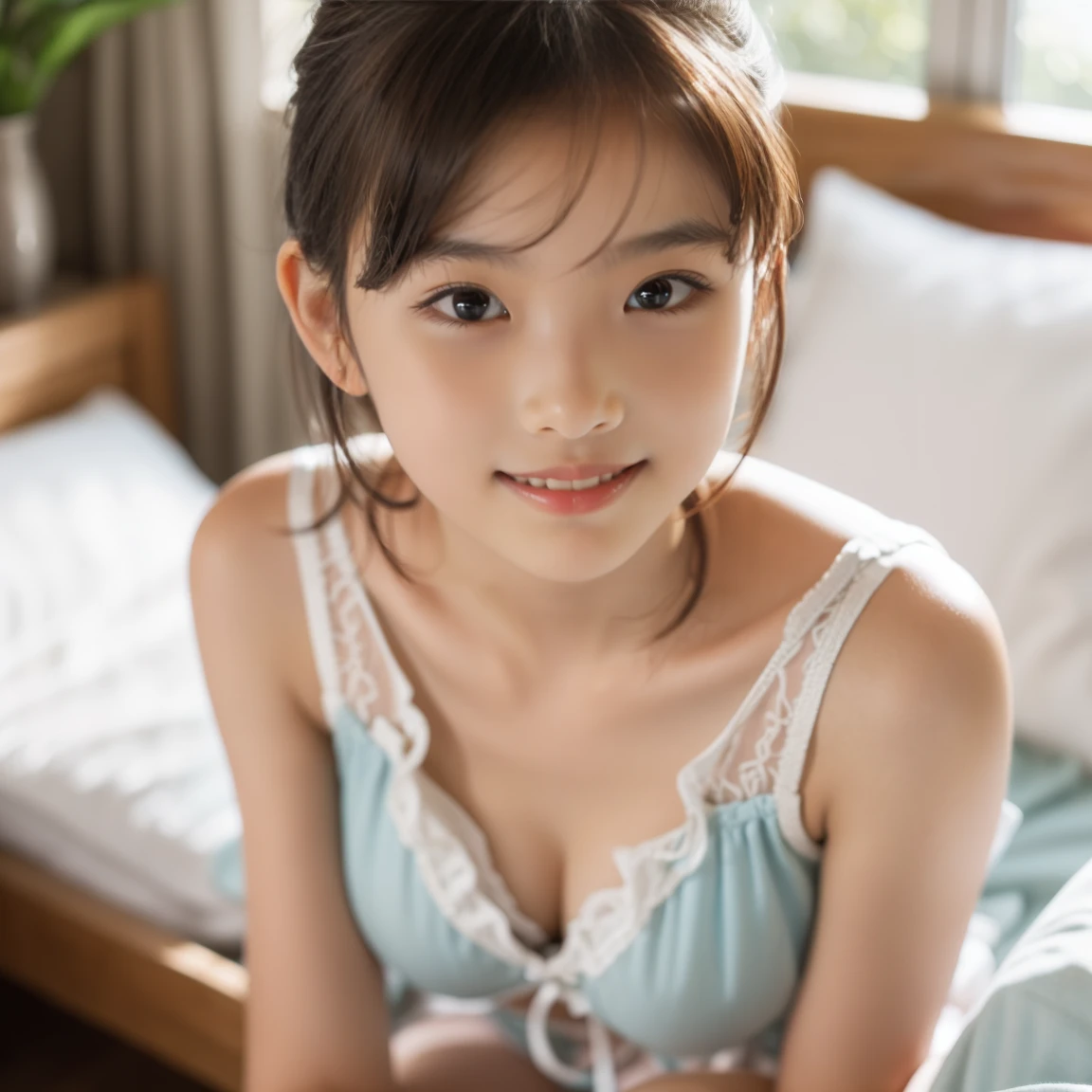 highest quality, High resolution, realistic pictures, detailed skin texture, ((Cute 8 year old Japanese girl wearing a short white camisole)), towards the camera, view audience, slim body shape, (flat chest:1.5), charming gaze, Fair skin, baby face, close up of face, focus on face, At the bed, long straight hair, smile showing teeth