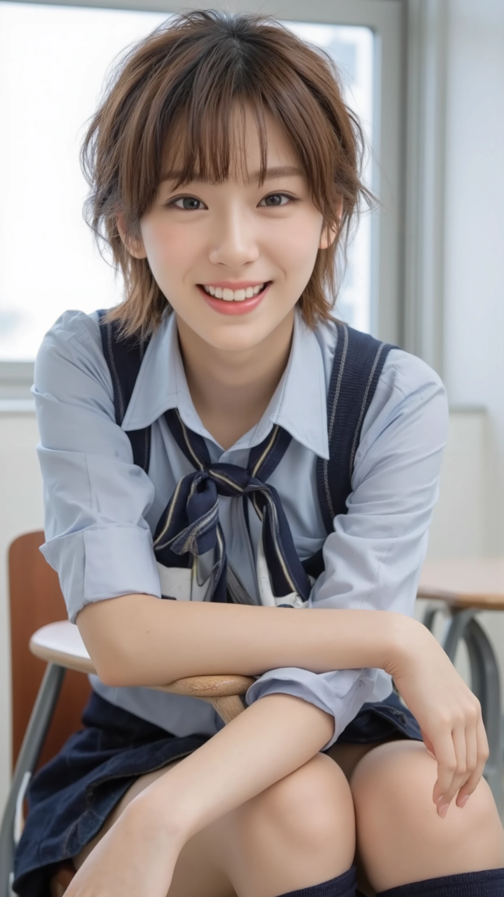A -yeld hischool girl is sitting on a classroom chair at a high school in Tokyo、 has a short hairstyle and a big smile、Wearing a high school uniform、Wearing a dark blue pleated miniskirt 、Wear dark blue socks、 friends、 sneakers similar to Oko 、 Photorealistic image showing the whole body with a composition seen from the front、(Tokyo school classrooms:1.3)、(Outside the window is the schoolyard)