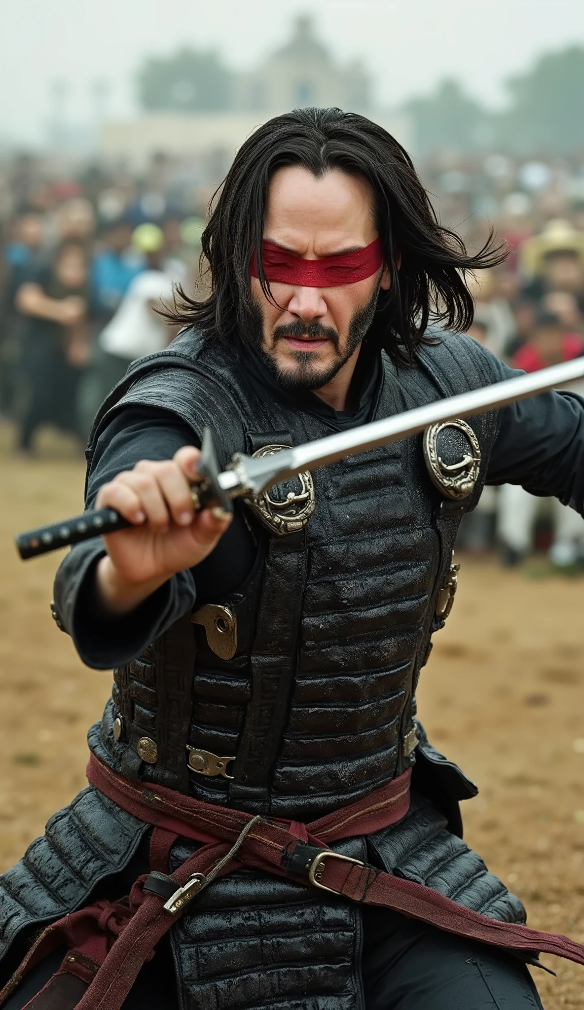 Keanu Reeves takes on the role of the legendary Kenshi in an epic reinterpretation of the blind swordsman of *Mortal Kombat*. Wearing a modernized samurai suit , } with dark plate armor and deep red details , he exudes the presence of a veteran warrior who has faced countless . The red stripe over his eyes not only symbolizes his loss of sight , but also his transcendental connection with the sword Sento , a mystical blade that pulses with spiritual energy , guiding his movements with supernatural precision . Your face, marked by experience and unwavering determination , conveys the serenity of a man who has learned to see beyond physical limits . Dark, disheveled hair flows in the wind , frames framing your stoic expression while he holds his sword with impeccable posture . Each blow delivered is not only a combat technique , but a reflection of his discipline and absolute mastery over the art of the sword . on the battlefield, Keanu Reeves as Kenshi is a spectacle of grace and brutality . Your movements are fluid , almost dancing , as he cuts through the air with swift and deadly blows . His connection with ancient spirits allows him to anticipate attacks and counterattack with divine precision , making him an inescapable force . Your tone of voice , calm and deep, carries a melancholic wisdom , but also the promise of revenge against those who abuse power . When he wields his blade with both hands and unleashes all the fury of his warrior spirit , Keanu Reeves like Kenshi isn't just a swordsman—he's the very personification of ruthless justice, a war ghost that emerges from the shadows to bring balance to chaos . with a red stripe up your eyes