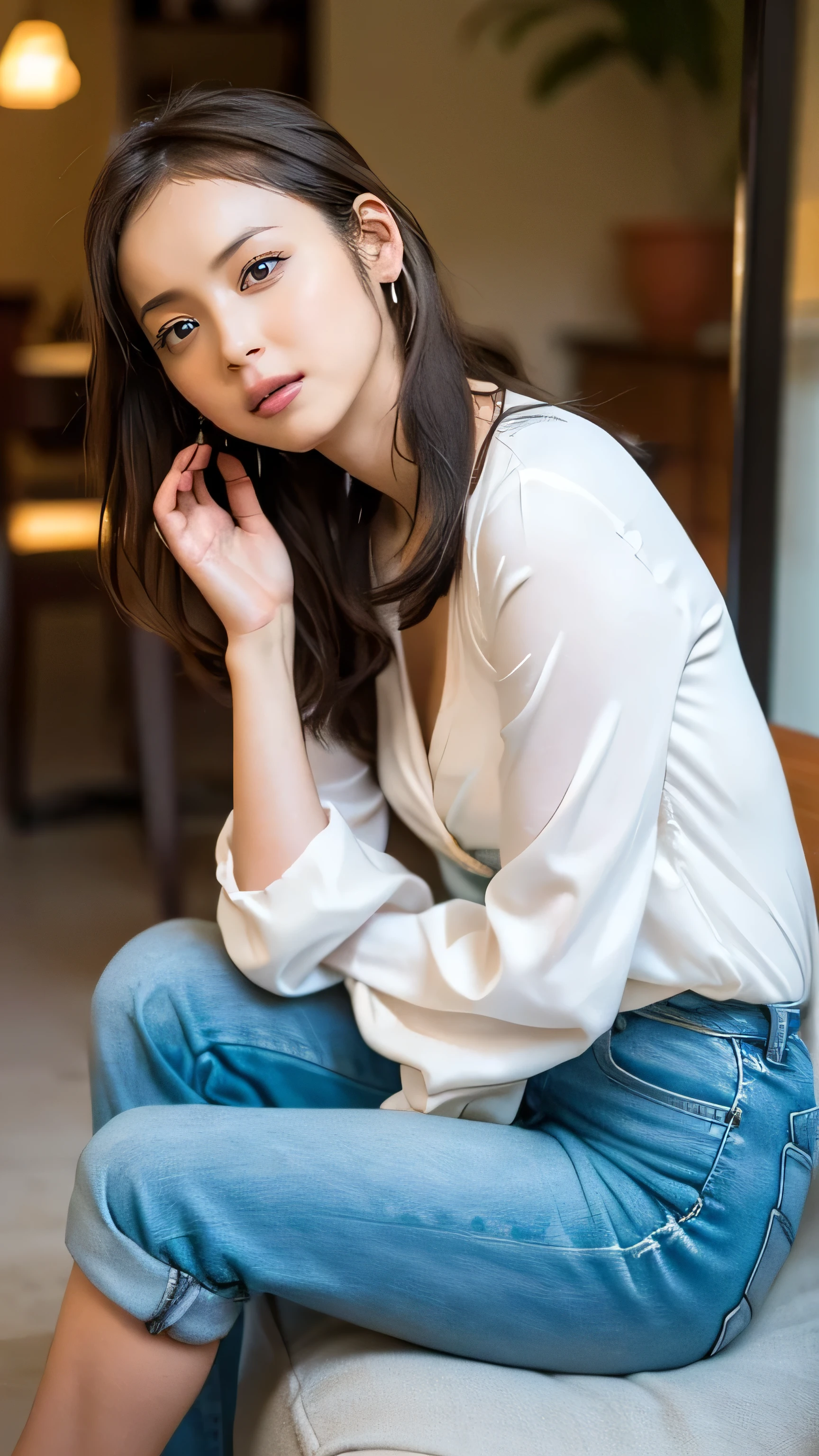 top quality、8k、 top quality、 beautiful woman、 (Head Size:0.7),(Body thinness :0.5) , ( she's skinny .:0.5).,(Body length:1.8) , how small her head is in relation to her body:0.5
white skin , long legs:1.5, high waist with her、( accurate anatomy :1.0)、、 very bright and beautiful skin 、 Make your button spacing 、 small breasts .,I'm leaning on an elegant white blouse with a sense of transparency 、 wears faded jeans 。、 she's on a coastal road where you can see the ocean at dusk 。、 My car 。、 she's sitting 。 full body photo。Backlit pictures、I can see the sunset behind her at dusk。She makes a gesture of brushing up her hair。、