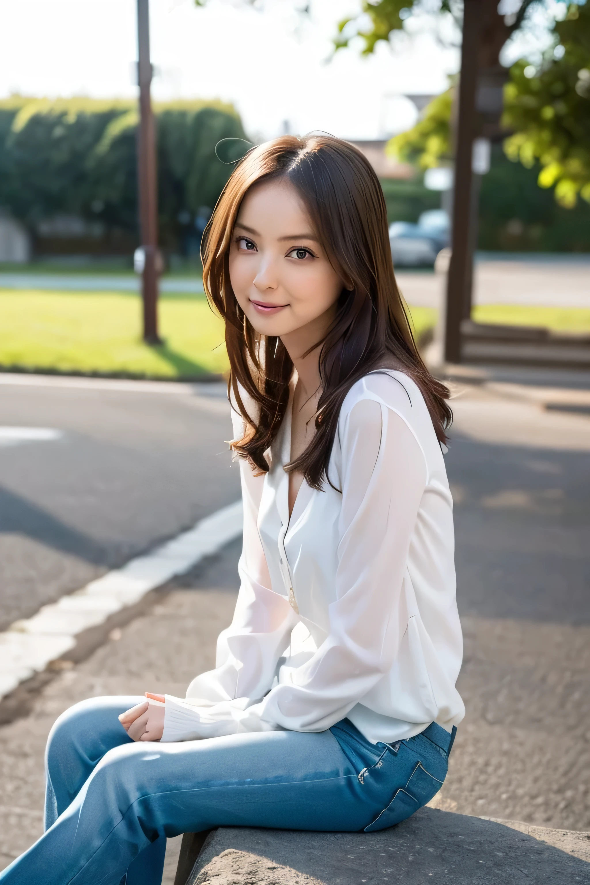 top quality、8k、 top quality、 beautiful woman、 (Head Size:0.7),(Body thinness :0.5) , ( she's skinny .:0.5).,(Body length:1.8) , how small her head is in relation to her body:0.5
white skin , long legs:1.5, high waist with her、( accurate anatomy :1.0)、、 very bright and beautiful skin 、 Make your button spacing 、 small breasts .,I'm leaning on an elegant white blouse with a sense of transparency 、 wears faded jeans 。、 she's on a coastal road where you can see the ocean at dusk 。、 My car 。、 she's sitting 。 full body photo。Backlit pictures、I can see the sunset behind her at dusk。