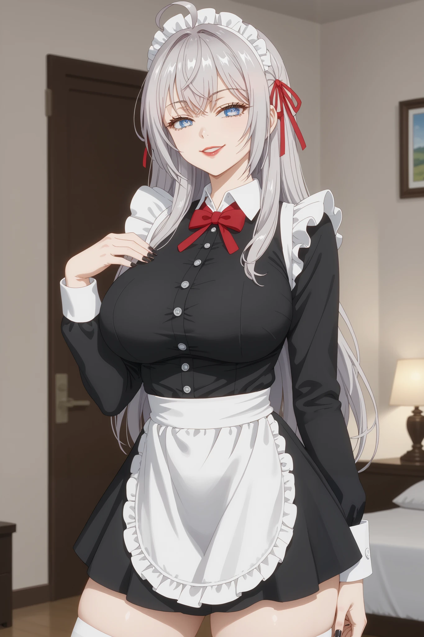 Girls, smile, red lips, fair skin, big tits, big breats, big ass, big butt, long hair, sexy body, thic body, beauty girls, maid costume, black and white maid costume colors, stocking, white stocking colors, nails, black nails colors, in bedroom background, sexy pose, ultra realistic graphic, gaze in the camera, gaze looking camera, looking camera, score_9, score_8_up, score_7_up, anime screencap, source_anime, 1girl, BREAK alisamikhailovnakujou, long hair, gray hair, ahoge, crossed bangs, blue eyes, hair ribbon, red ribbon, pale skin, AlyaSchool, buttons, long sleeves, white thighs, smug, looking at viewer, detailed close-up, extremely detailed eyes, (Beautiful and big breasts: 1.2), big breasts,
