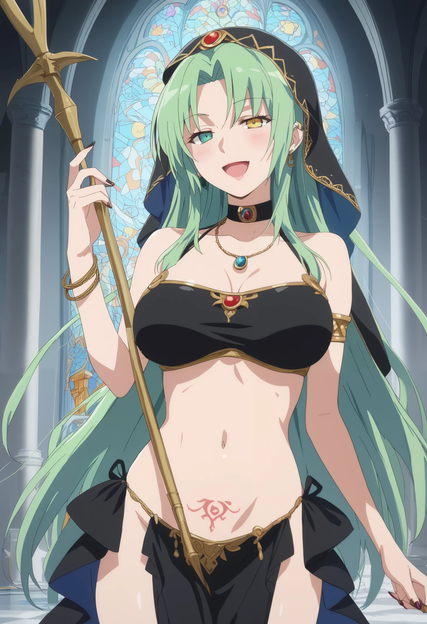  hikage (senran kagura), 1girl, green hair, tongue out, tongue, tattoo, short hair, yellow eyes, knife, licking,  large breasts, weapon, earrings, jewelry, holding, masterpiece, best quality, highly detailed ,glint,halterneck,gold_choker, complex detailed background,
inside, stone wall, ancient interior, ancient egyptian room, hieroglyphs, dark lighting, dark
atmosphere, (cowboy shot), holding a sword, sword, belly_chain,harem_outfit,navel, necklace,
pelvic_curtain,revealing_clothes, veil，masterpiece,best quality,1girl,mature,evil smile, smile,
female,mature,necklace,pendant, (nsfw) not safe for work, exposed belly, exposed navel, exposed
midriff, exposed lower belly