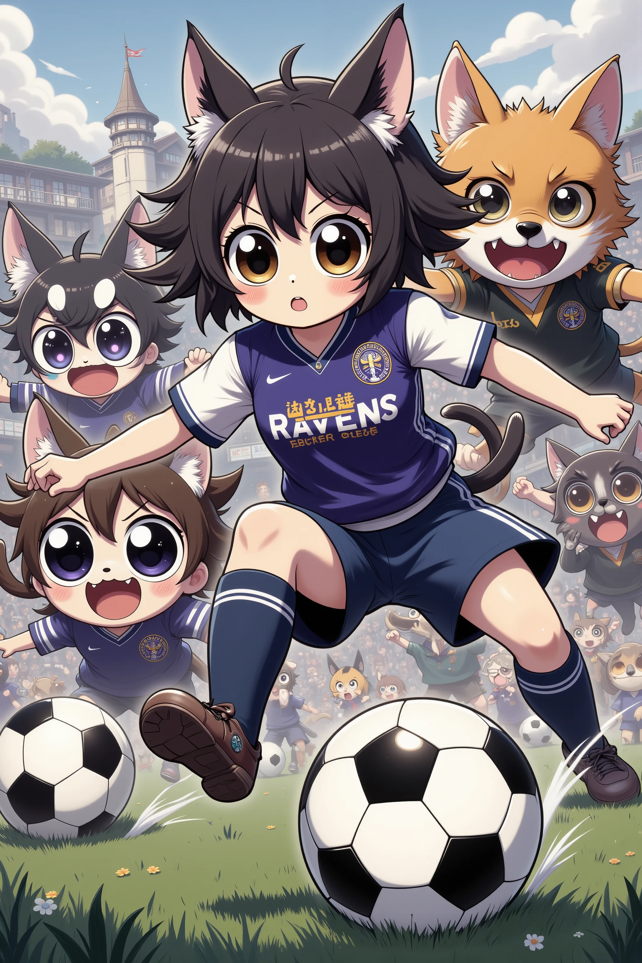(Battle Royale) (rival High schools soccer game) (anime influence) Intense soccer game ( kawaii Cat girl team logo 'Ravens') are playing soccer against (dog boys (beast like dog heads), 'Boners' logo), intense action, fans and claws bared, Battle Royale on the soccer field.