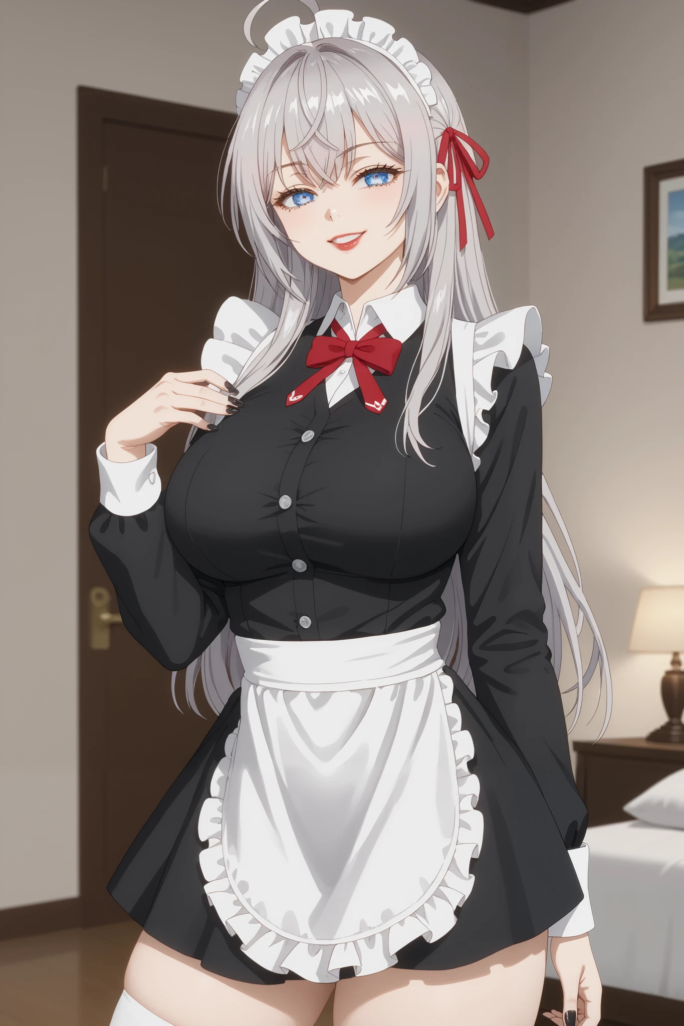 Girls, smile, red lips, fair skin, big tits, big breats, big ass, big butt, long hair, sexy body, thic body, beauty girls, maid costume, black and white maid costume colors, stocking, white stocking colors, nails, black nails colors, in bedroom background, sexy pose, ultra realistic graphic, gaze in the camera, gaze looking camera, looking camera, score_9, score_8_up, score_7_up, anime screencap, source_anime, 1girl, BREAK alisamikhailovnakujou, long hair, gray hair, ahoge, crossed bangs, blue eyes, hair ribbon, red ribbon, pale skin, AlyaSchool, buttons, long sleeves, white thighs, smug, looking at viewer, detailed close-up, extremely detailed eyes, (Beautiful and big breasts: 1.2), big breasts,