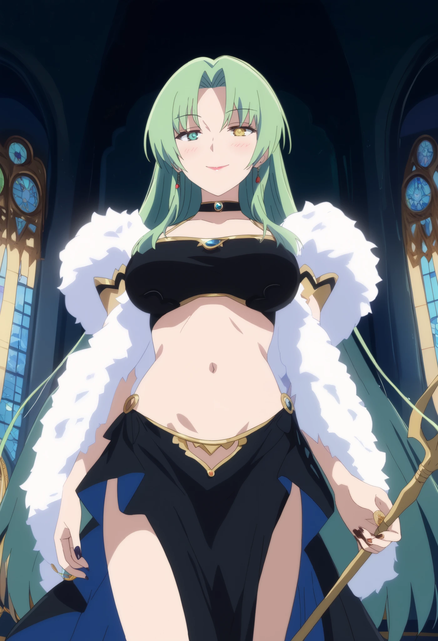 brandish, 1girl, solo, looking at viewer, cleavage, collar, chain, anime coloring, closed mouth, solo, spread arms, arms up, smile, lying, on back, on grass, looking at viewer, solo, in the center, (cowboy shot: 1.3), high quality, expressionless,