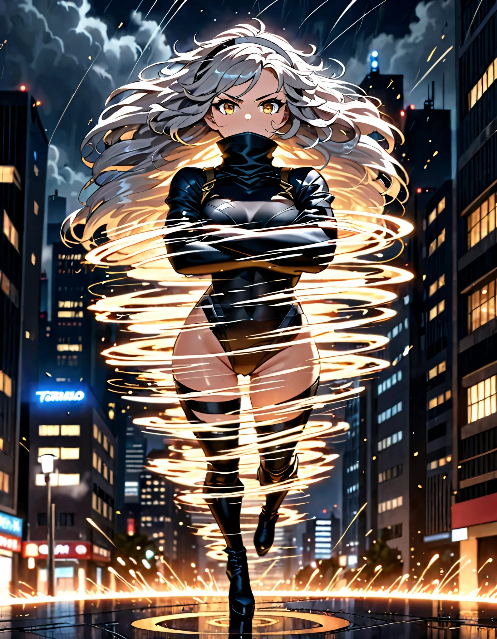 masterpiece, best quality, 1girl, grey hair, shoulder length hair, wavy hair, black hairband, auburn eyes, beautiful detailed eyes, beautiful detailed face, cute face, stoic, professional, ninja, black leotard, black tactical gloves, bare legs, gold bracelets, black thigh-high boots, cityscape, night, noir atmosphere. (back view, rear view), spins in place like a (tornado), spins like a tornado, (she spins) at an incredible speed, creating a whirlwind of air around her, spiral lines around, cyclone winds around, tornado spinning.