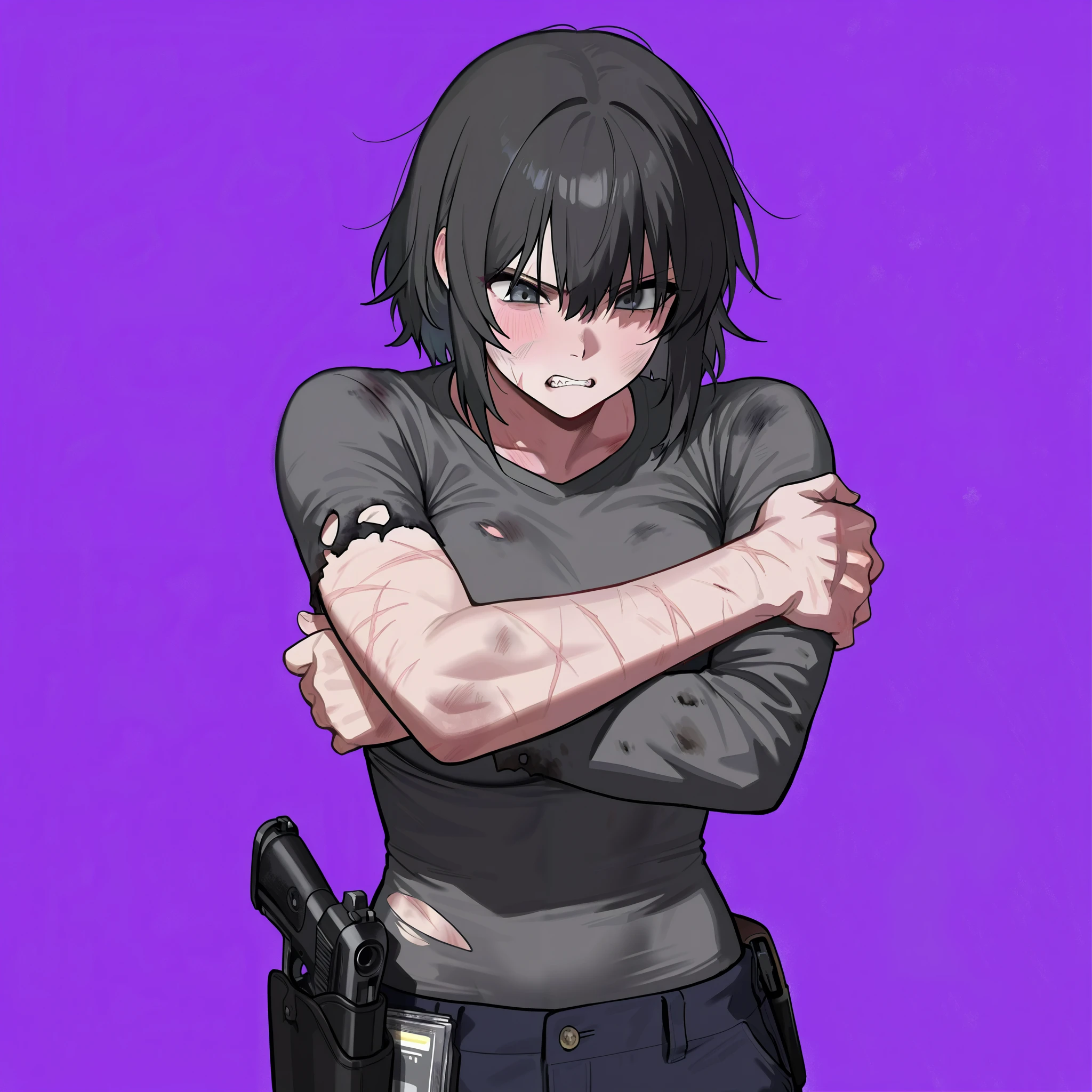 1woman, solo, (simple background), purple background, (upper body at the waist), weathered, gritty, and worn-out appearance, tall, athletic build, with visible scars and dirt smudges, (expression: determined, with a hint of desperation and a slightly clenched jaw), _Masterpiece, top quality, high definition, detailed face, clean eyes, (dynamic composition with softly blurred background, contrasting with sharp, gritty textures on clothes and skin), (right hand grasping a makeshift, heavily modified, and worn-out cyberdeck, with exposed wires and microchips), (left hand resting on the waist, near a holstered, custom-made pistol with visible scratches and rust), (ragged, dark grey, and black, pieced-together outfit, resembling a mix of scavenged military and punk elements, worn clothes, sewn holes, torn clothes, burnt clothes,
