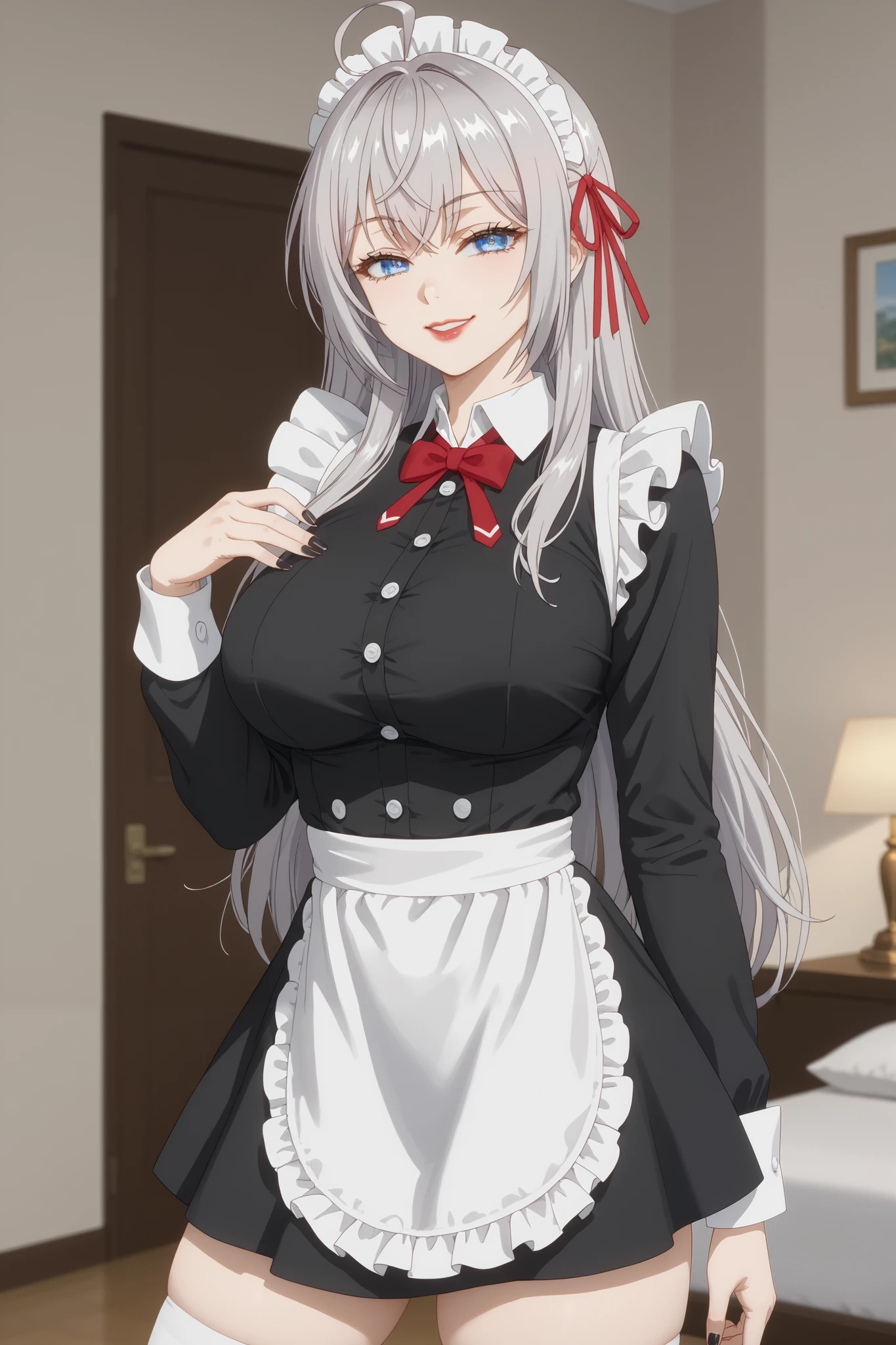 Girls, smile, red lips, fair skin, big tits, big breats, big ass, big butt, long hair, sexy body, thic body, beauty girls, maid costume, black and white maid costume colors, stocking, white stocking colors, nails, black nails colors, in bedroom background, sexy pose, ultra realistic graphic, gaze in the camera, gaze looking camera, looking camera, score_9, score_8_up, score_7_up, anime screencap, source_anime, 1girl, BREAK alisamikhailovnakujou, long hair, gray hair, ahoge, crossed bangs, blue eyes, hair ribbon, red ribbon, pale skin, AlyaSchool, buttons, long sleeves, white thighs, smug, looking at viewer, detailed close-up, extremely detailed eyes, (Beautiful and big breasts: 1.2), big breasts,