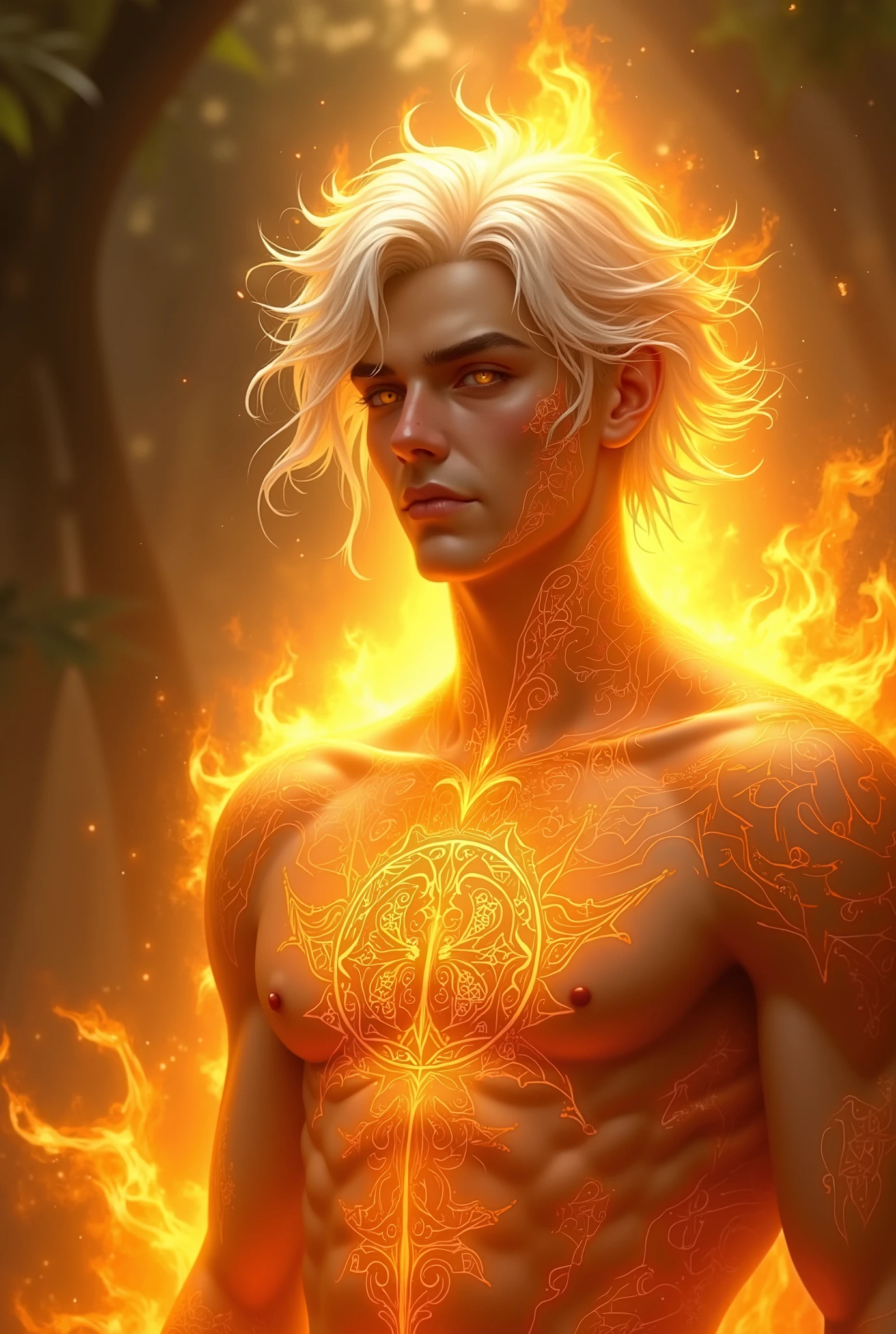 A young man who is the god of light, has white hair and a glowing golden tattoo under his left eye. On his arm and body, there is a glowing golden ring behind him.