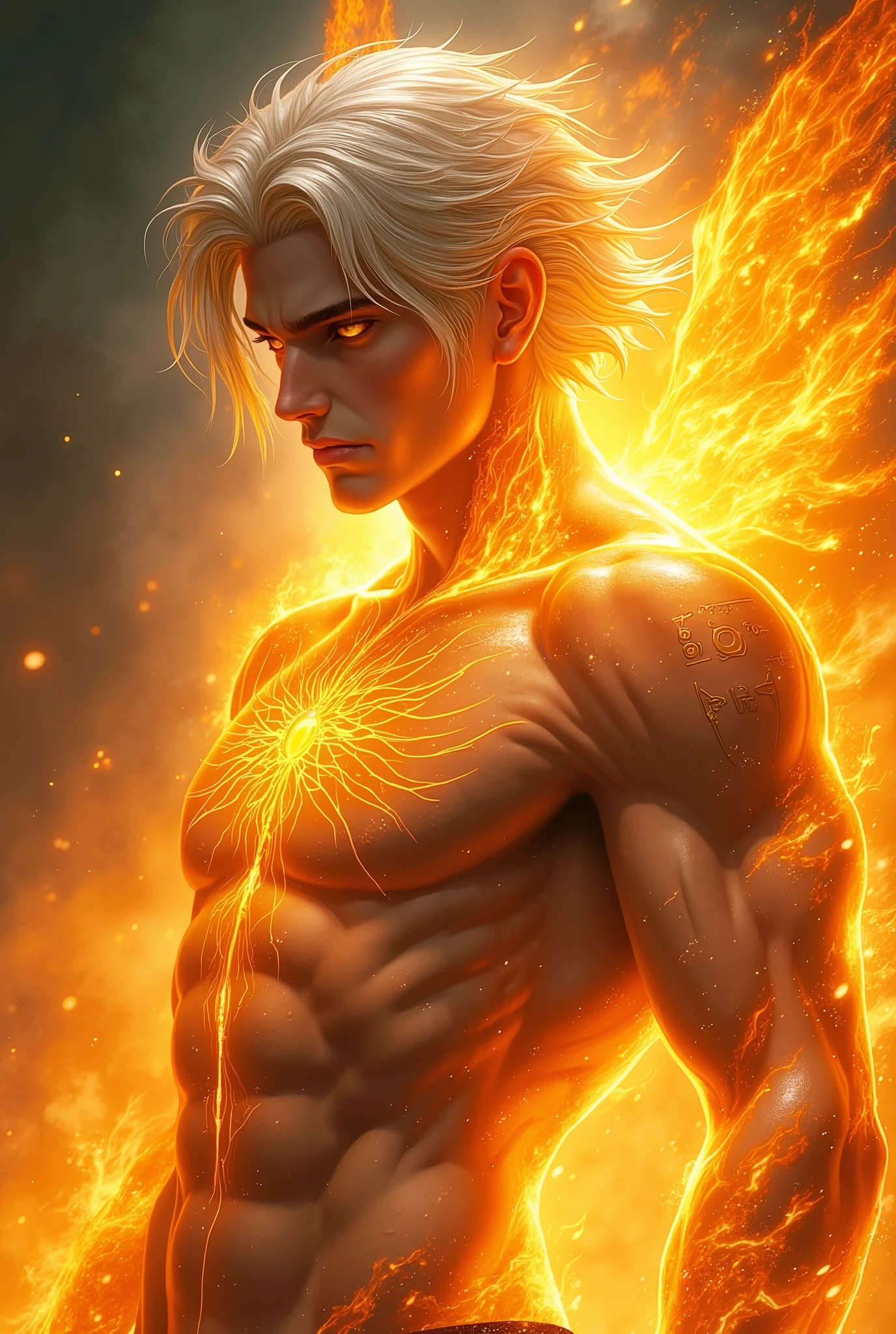 A young man with yellow eyes and yellow hair surrounded by flames, his features are masculine, in the forest.