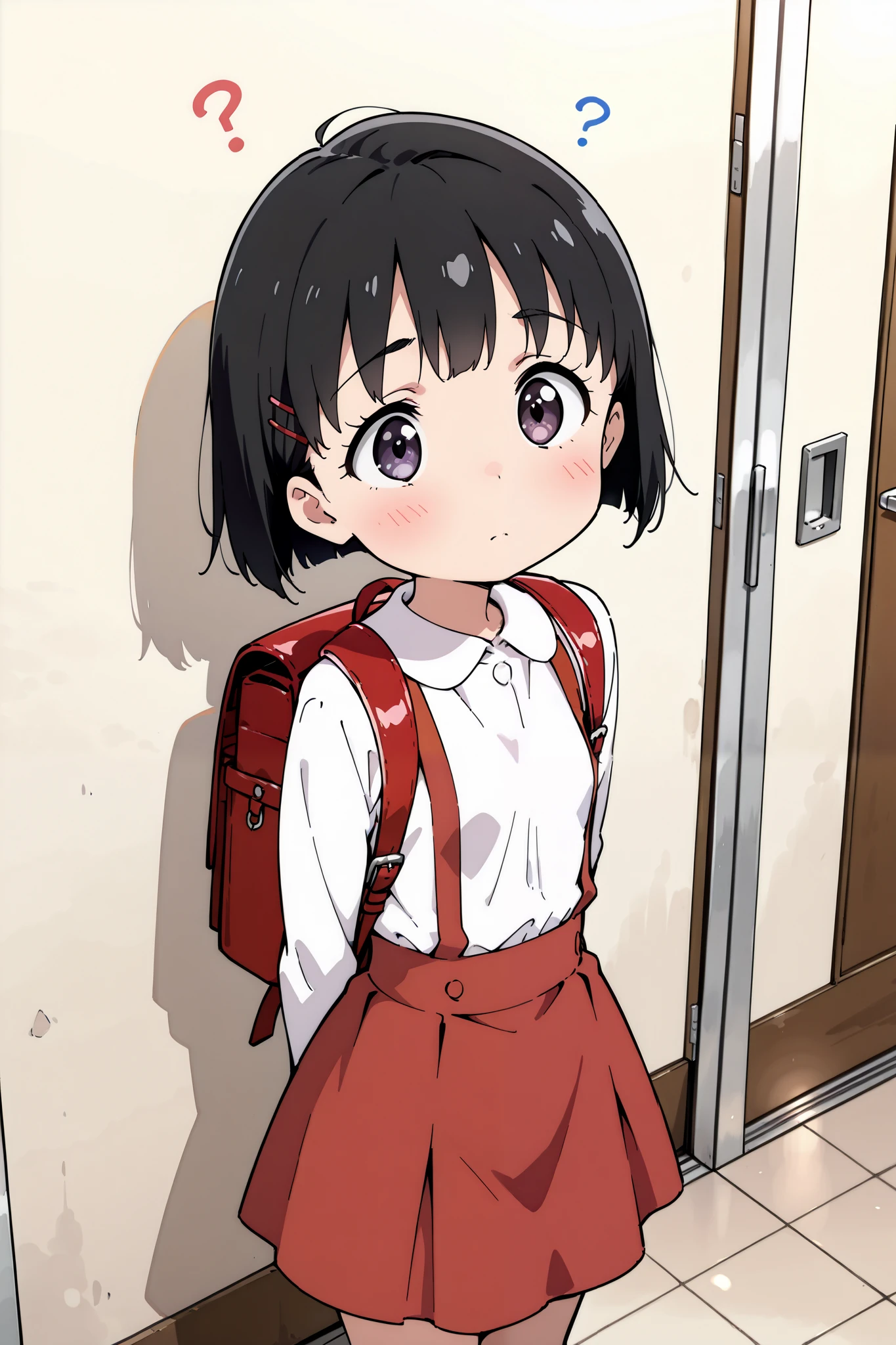 {Highest quality}, {so beautiful}, {Very detailed}, {Best illustrations},cbmrk,black hair, white shirt, suspender skirt, red skirt,small breast、 Long Sleeve, Confused Face、Back view、 turn around、 backpack、 from above