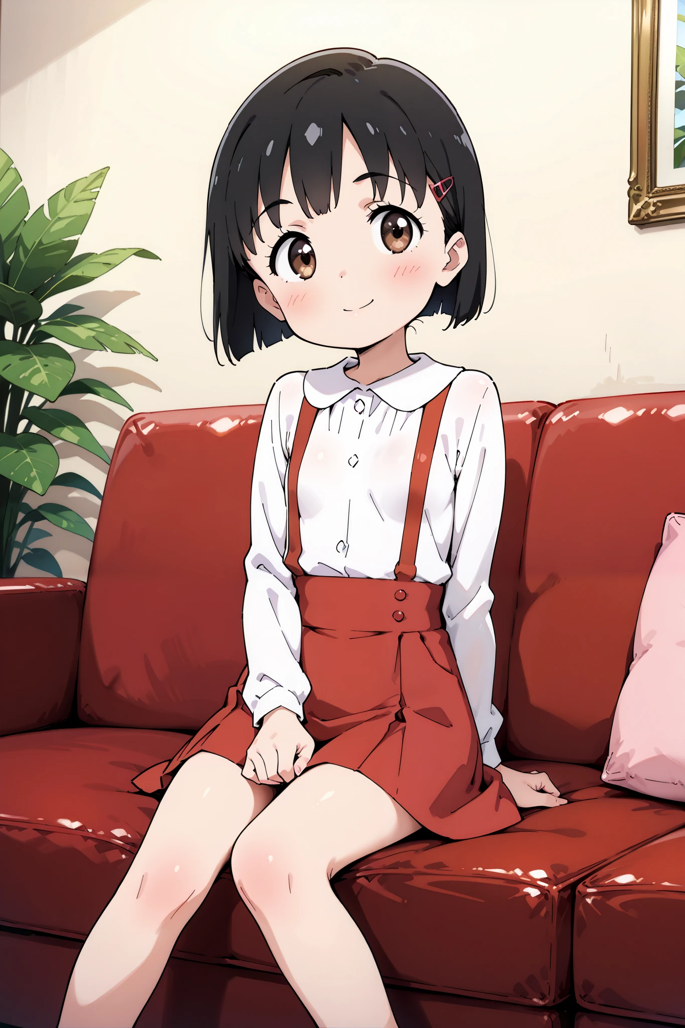 {Highest quality}, {so beautiful}, {Very detailed}, {Best illustrations},cbmrk,black hair, white shirt, suspender skirt, red skirt,small breast、 Long Sleeve,smile,be happy、Leather sofa、sitting,ofthe,Interview