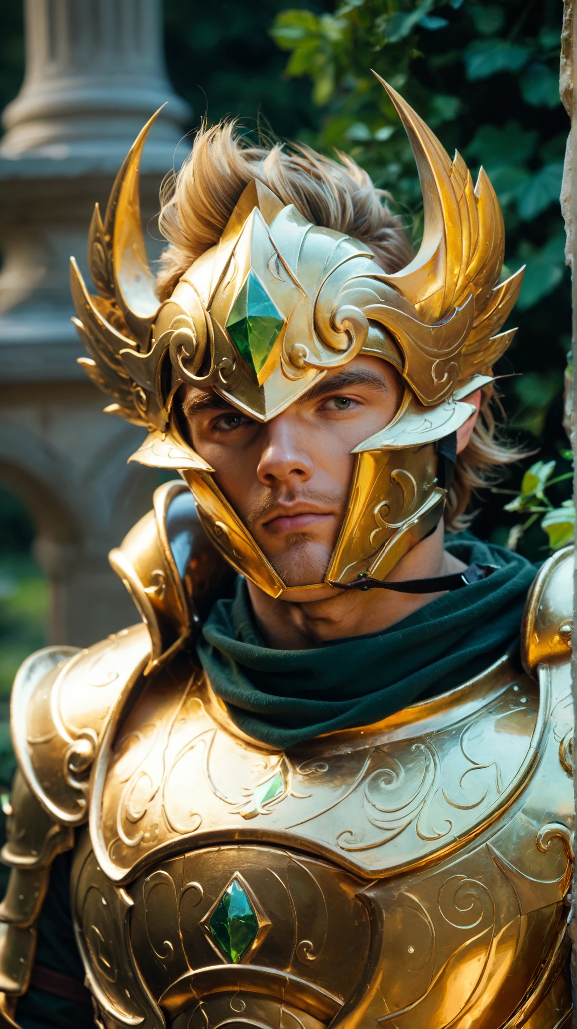 Man ,dark blond hair , golden armor and golden helmet with a green stone on it