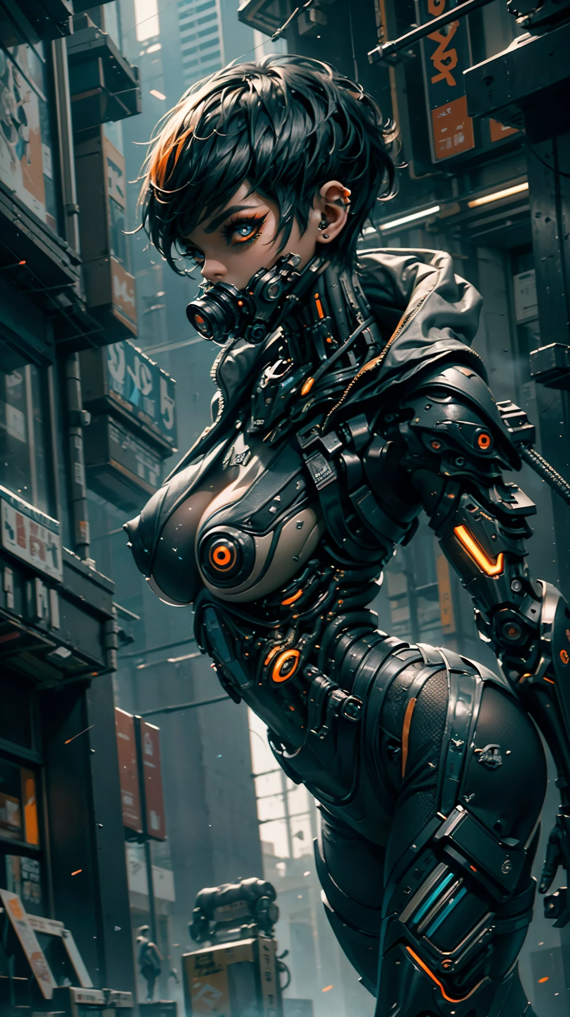 from above, Pointed angle , top perspective, VERY CLOSE, cyborg parkour runner girl , seductive expression , with black hair / orange, extra short hair with highlights , pixie cut hairstyle , huge cybernetic eyes , parkour between skyscrapers , bright purple-blue eyes , neon eyeliner , make-up cibernético, athletic clothing with cybernetic enhancements {x} augmentations and robotic prosthesis on legs and arms, cyberpunk gas mask , neckline, hyperrealistic skin texture , white skin, bright and vivid , (make-up: 1.2), ( big eyes : 1.4), ( big breasts: 1.2), (Constriction: 1.2), parkour runner parkour , (top quality, masterpiece, absurd: 1.2), cyberpunk city , Raytracing, Rainy day, afternoon light, saturated shadows, ( light particles : 1.6), ultra detailed,