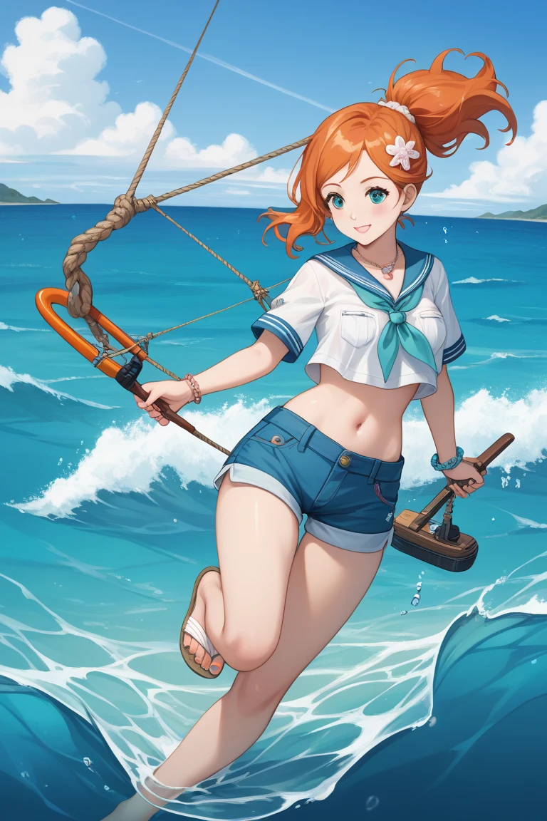 one-piece nami, cabelo laranja, Lindos olhos castanhos, ((vestindo roupa de pirata)),usando fones de ouvido, peitos sexy, pose lasciva ,corpo todo, arms behind the back, (fundo do navio pirata) (melhor qualidade, 4k, 8k, high resolution, obra de arte:1.2), ultra-detalhado, e (realista, photorealista,  HDR, Ultra HD, studio lighting, pintura ultrafina, sharp focus,Nami Rosto, olho nami
