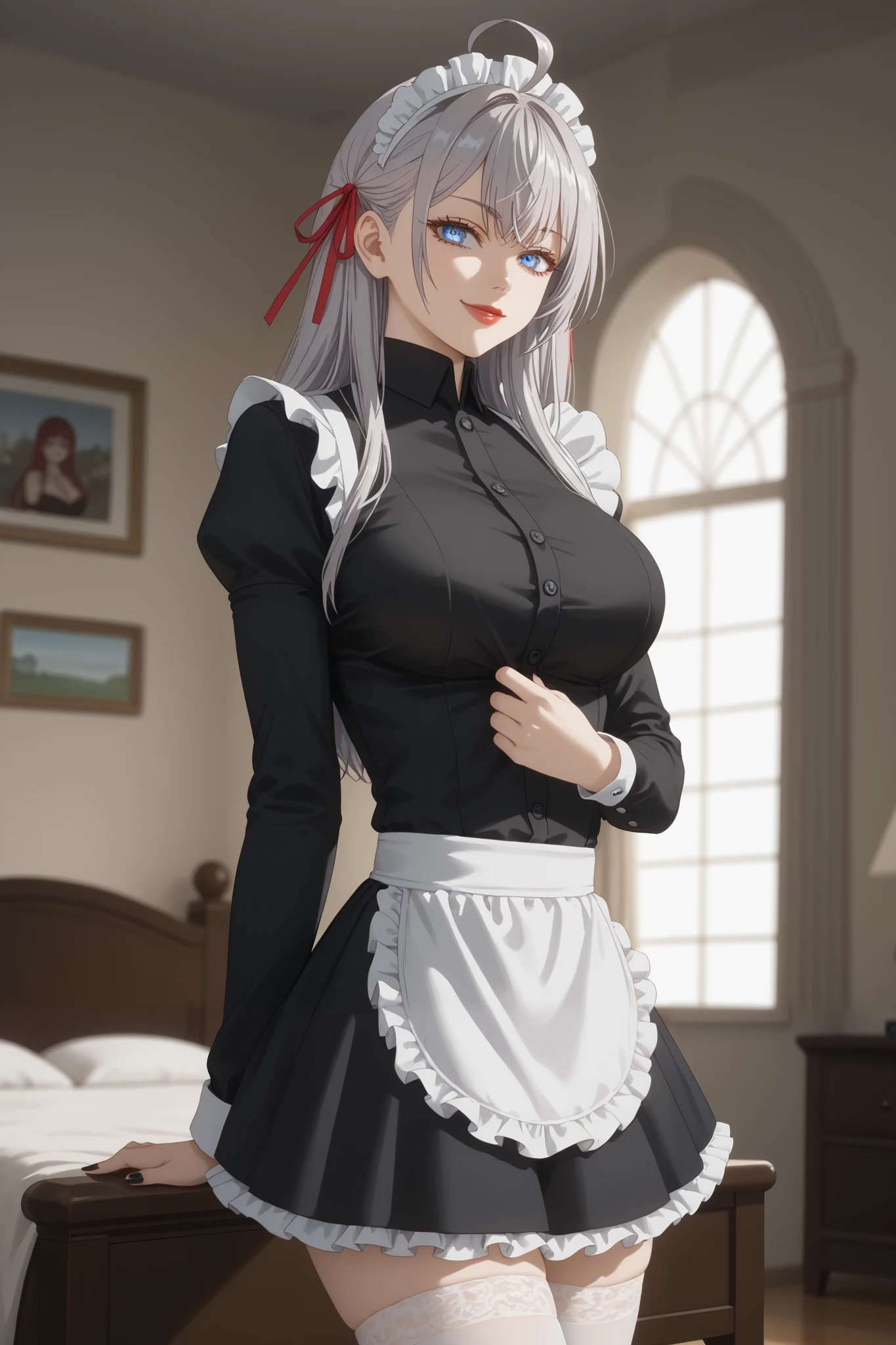 Girls, smile, red lips, fair skin, big tits, big breats, big ass, big butt, long hair, sexy body, thic body, beauty girls, maid costume, black and white maid costume colors, stocking, white stocking colors, nails, black nails colors, in bedroom background, sexy pose, ultra realistic graphic, gaze in the camera, gaze looking camera, looking camera, score_9, score_8_up, score_7_up, anime screencap, source_anime, 1girl, BREAK alisamikhailovnakujou, long hair, gray hair, ahoge, crossed bangs, blue eyes, hair ribbon, red ribbon, pale skin, AlyaSchool, buttons, long sleeves, white thighs, smug, looking at viewer, detailed close-up, extremely detailed eyes, (Beautiful and big breasts: 1.2), big breasts,