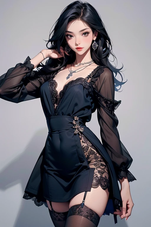 1girl,a beautiful fashion model ,(masterpiece, detailed background, best quality),shortand shiny hair, black hair,smirk,juicy lips,red lips, lingerie, stripping, elegant makeup, exhibitionism, torn lace bodysuit outfit
