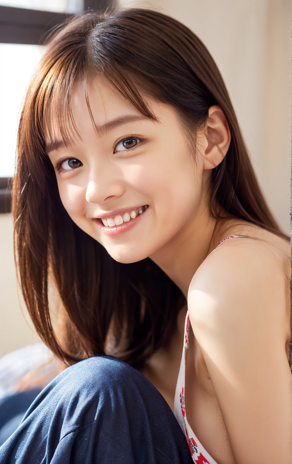 masterpiece,best quality,(Japanese ),((Beautiful girl)),cleavage,indoor,(perfect body beauty:1.2),(shy smile),beautiful teeth,