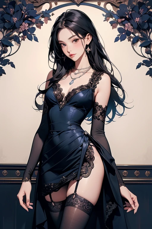 Long navy blue hair,red eyes,Anime guy in black and white floral dress, Anime slim woman, Anime portrait of beautiful slim woman,