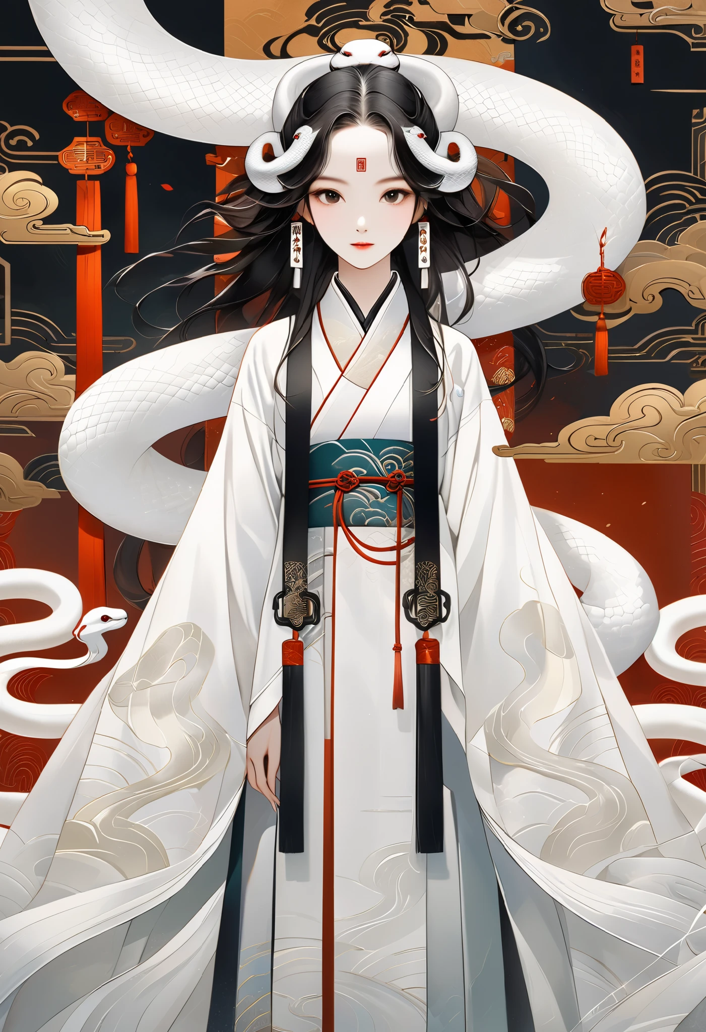 Digital art symbolizing the white snake, white snakes on both sides, Art design reminiscent of ancient Chinese hanging scrolls, A woman incarnated as a snake stands in the middle, (Woman close-up0.9),