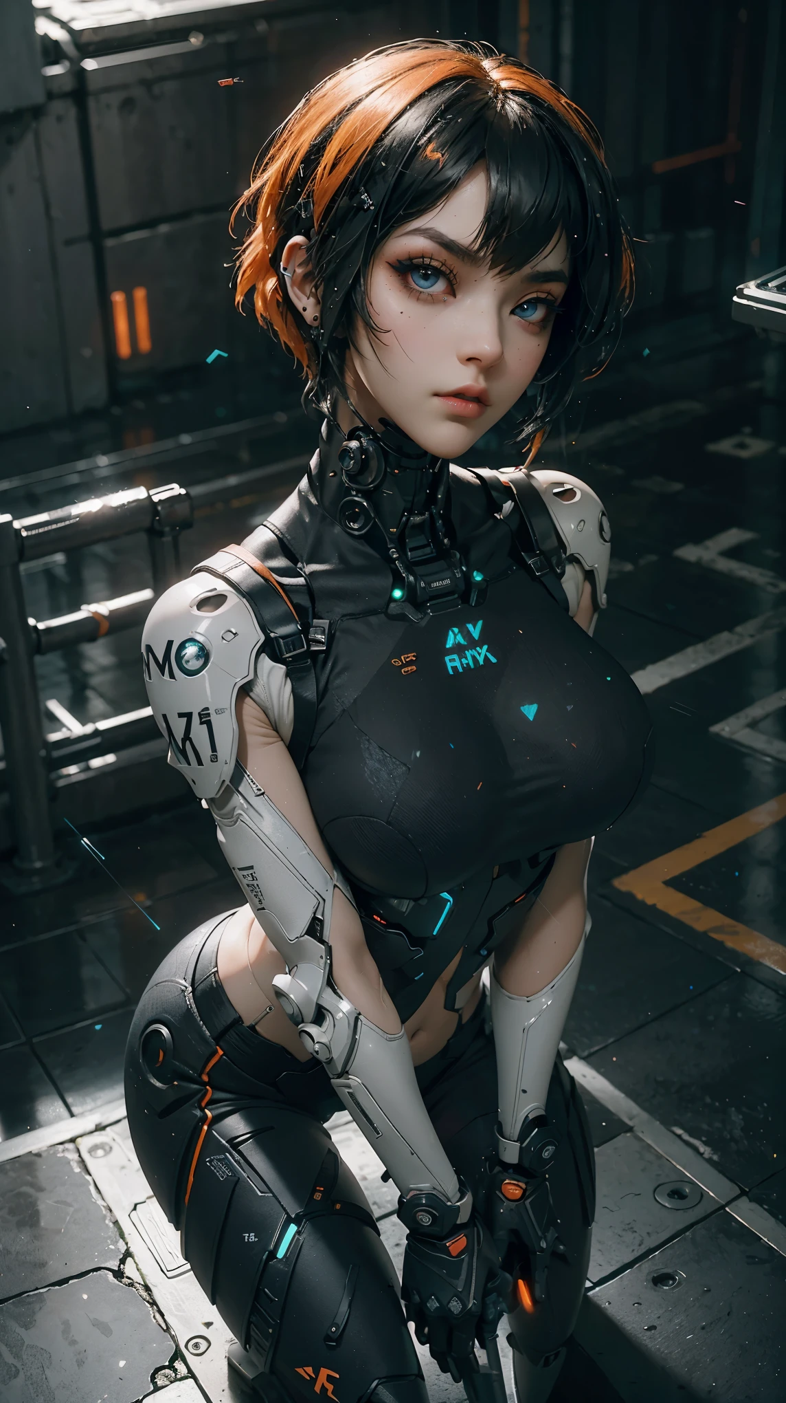(Close-up:1.4)、(RAW photo:1.2)、(photorealistic:1.4)、(masterpiece:1.3)、(highest quality:1.4)、(Beautiful woman with perfect body:1.4)、A woman stands in front of a group of robots、beautiful android woman、beautiful female soldier、girl in a suit、complex combat uniform、beautiful young Japanese woman、Highly detailed face and skin texture、detailed big eyes、double eyelid、cute face、(short bob:1.2)、(huge breasts)、(full body shot)、cowboy shot、(angry expression:1.2)、Storms and epic war scenes、cyberpunk scene、night time、illumination、plug suit、combat uniform damage、