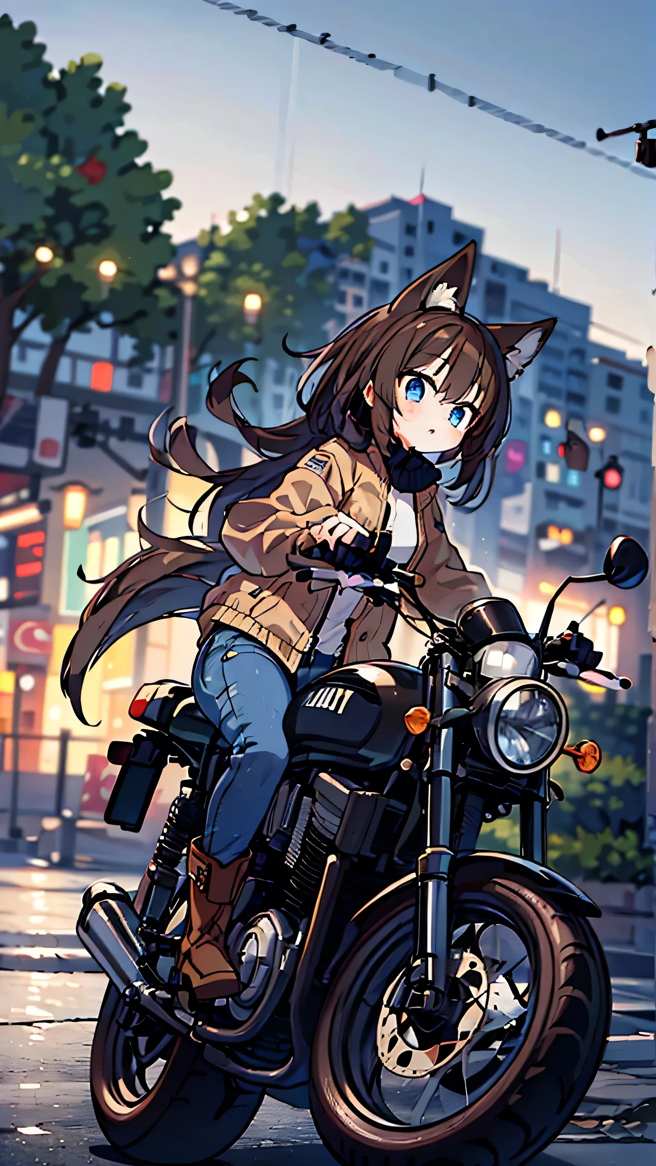 anime style、 with long hair 、 fox ears、 brown hair、 woman、 blue eyes 、 beige jacket、 jeans、 boots、adult、I'm riding a dark blue motorcycle、scenery