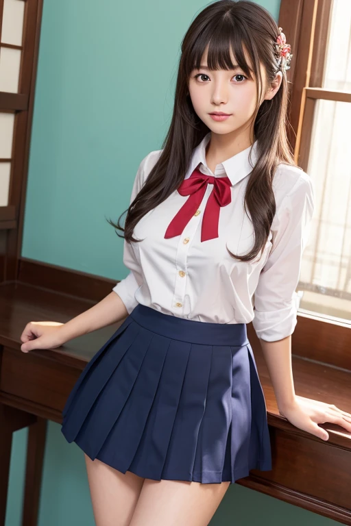 Photo shoot by a professional photographer、Arabian style Asian woman wearing a white shirt and red bow tie sitting on a sofa, Cute school girl, Hyper realistic , A hyper-realistic , High school girl posing, Thigh close-up, Realistic, wearing japanese , Japanese girl , Japanese, Legs close-up, lower angle, Crossing your legs, masterpiece, anatomically correct, textured skin, high details, best quality, 16k