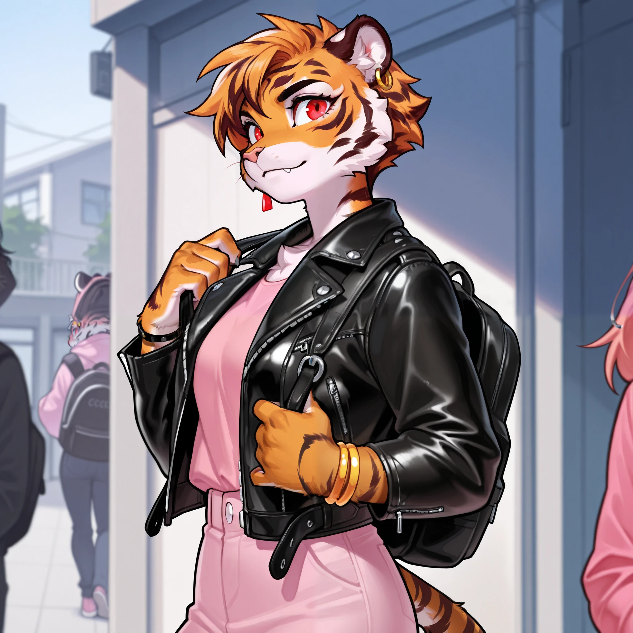 Tiger, tiger furry, leather jacket, pink clothes, popular, woman, feminine, red eyes, backpack, college, bracelets, earring.