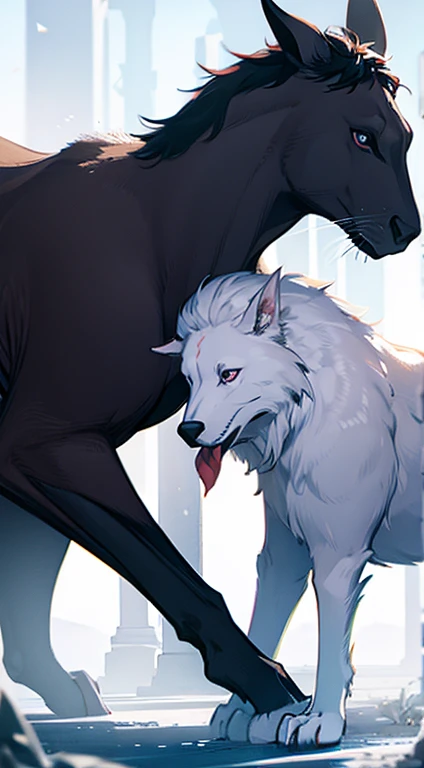 A black dragon (with some red) and a white wolf lay together in gress while looking at the moon
