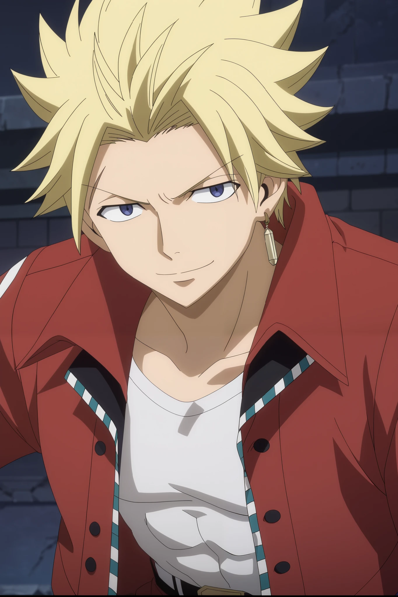 close-up, looking at viewer, score_9, score_8_up, score_7_up, source_anime, StingFT, Sting blonde hair, light yellow Sting, 1boy, male focus, anime screencap, a red men's jacket with black details, which fits his athletic figure. Underneath, he wears a black long sleeved T-shirt. His pants are dark and tight fitting, and he completes the look with white fingerless gloves that add a modern touch. He also usually wears a belt with a decorative buckle. Official style, smile, happy
