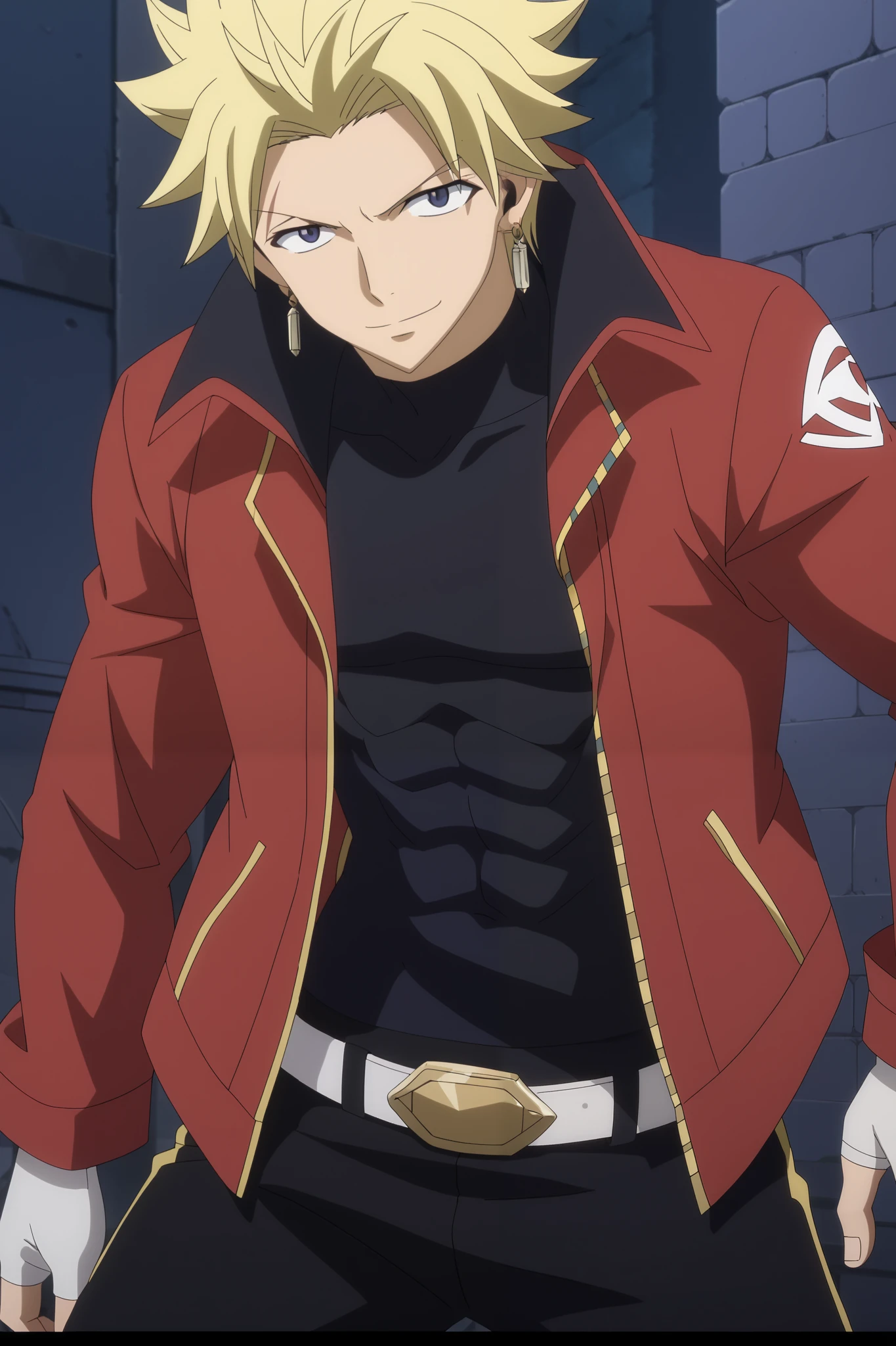 close-up, looking at viewer, score_9, score_8_up, score_7_up, source_anime, StingFT, Sting blonde hair, light yellow Sting, 1boy, male focus, anime screencap, a red men's jacket with black details, which fits his athletic figure. Underneath, he wears a black long sleeved T-shirt. His pants are dark and tight fitting, and he completes the look with white fingerless gloves that add a modern touch. He also usually wears a belt with a decorative buckle. Official style, smile, happy