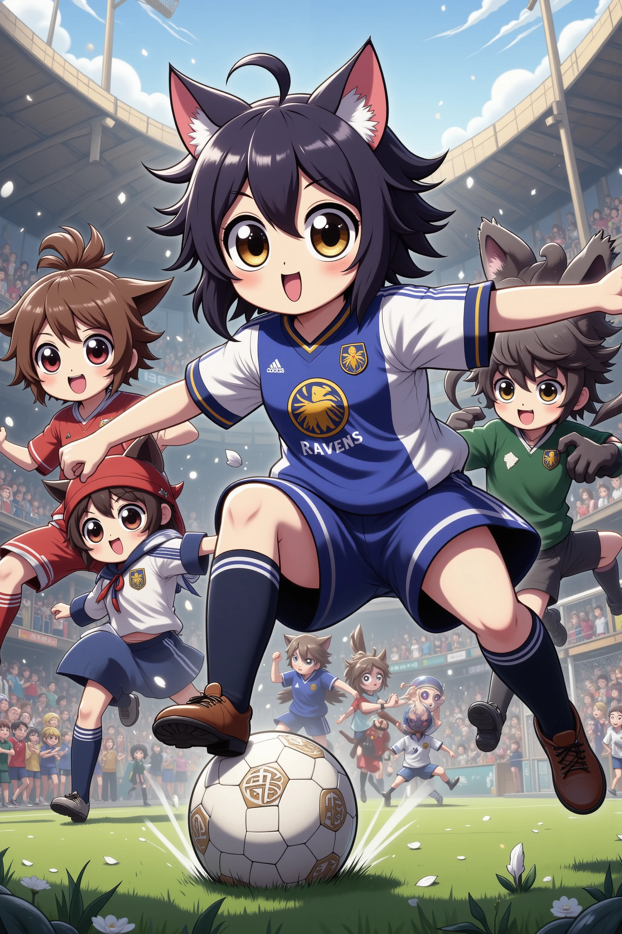 (Battle Royale) (rival High schools soccer game) (anime influence) Intense soccer game ( kawaii Cat girl team logo 'Ravens') are playing soccer against (dog boys (beast like dog heads), 'Boners' logo), intense action, fans and claws bared, Battle Royale on the soccer field. (priority: only one soccer ball)