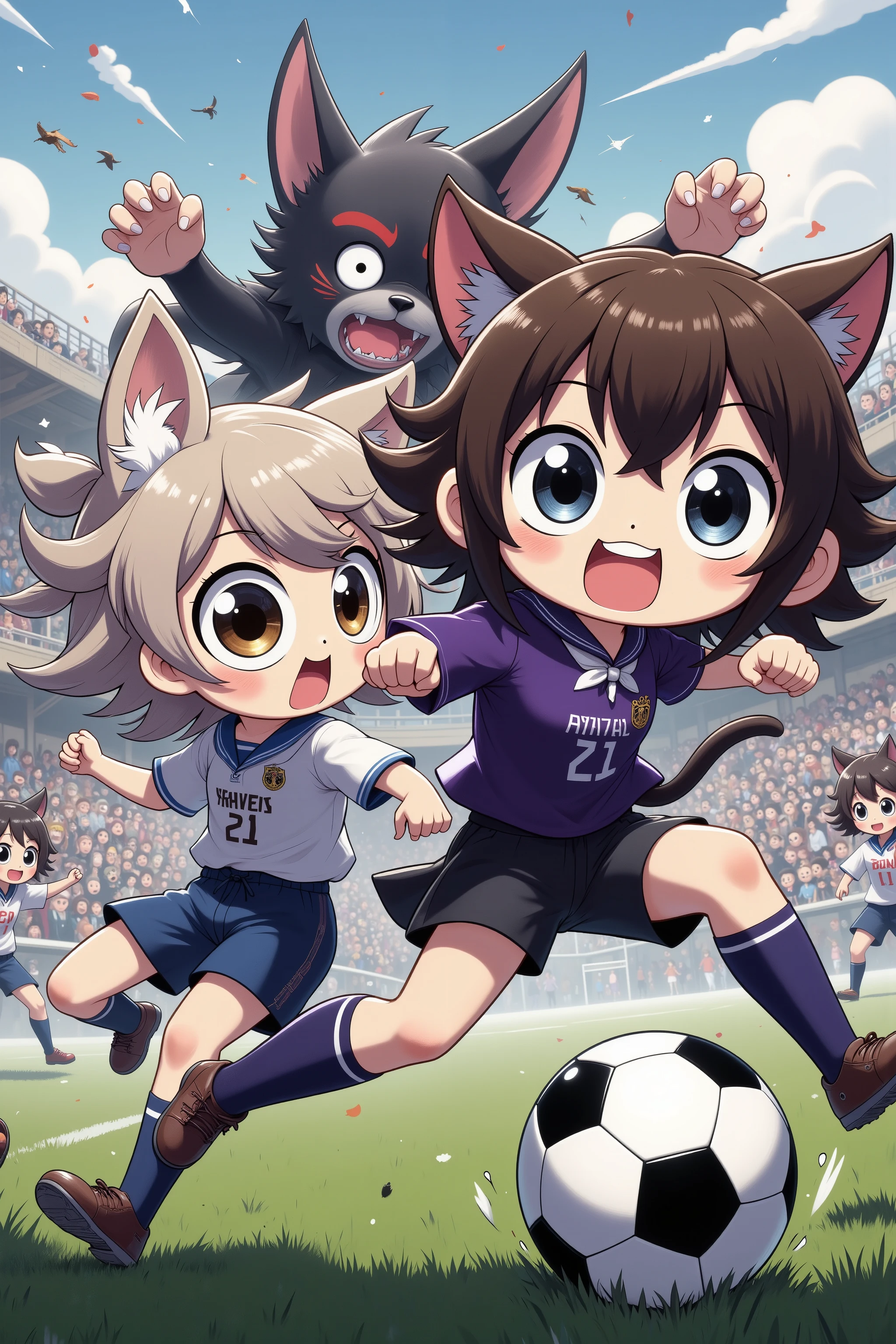 (Battle Royale) (rival High schools soccer game) (anime influence) Intense soccer game ( kawaii Cat girl team logo 'Ravens') are playing soccer against (dog boys (beast like dog heads), 'Boners' logo), intense action, fans and claws bared, Battle Royale on the soccer field. (priority: only one soccer ball)