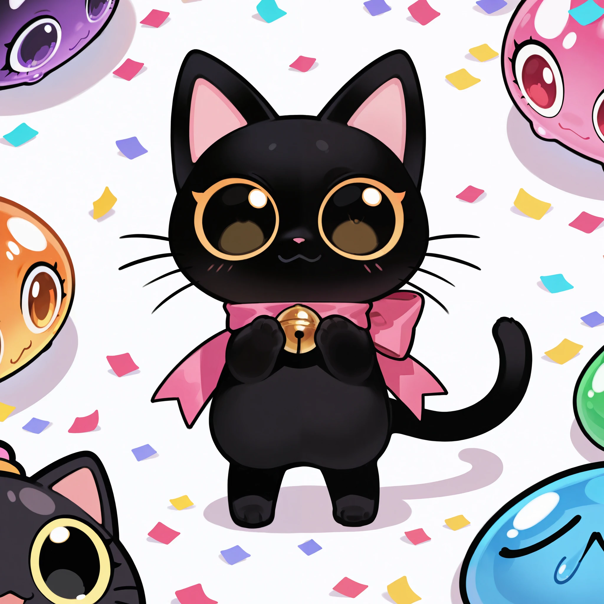 Confetti cat furry, black cat furry made of confetti and slime, girl, chibi.