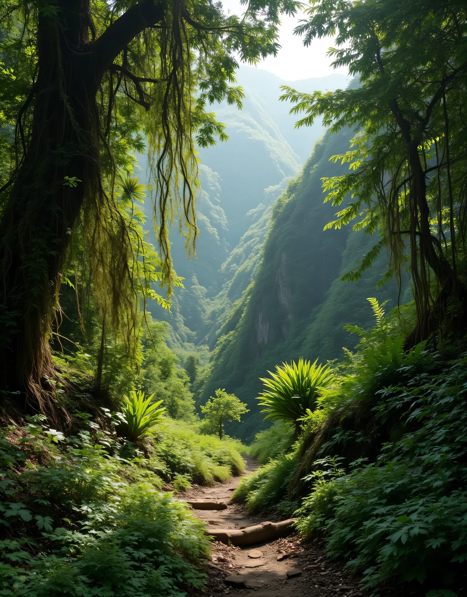 Create an ultra-definition photo image capturing a hyper-realistic portrayal of a deep rain tropical jungle of hiking trail. Emphasize the stunning intricacies of nature, employing a National Geographic photography style. Highlight the hyper-realistic textures of the foliage, the interplay of light and shadow, and the natural vibrant colors throughout the ultrarealistic of hiking trail scenery. Focus on a mixed lighting concept that enhances the fullest depth and clarity of the image, showcasing it as an award-winning piece of nature photography. Ensure the final result is a RAW photo image of the highest quality, inviting viewers to immerse themselves in the serene beauty of this untouched hyper-realistic tropical mountaineering wilderness.