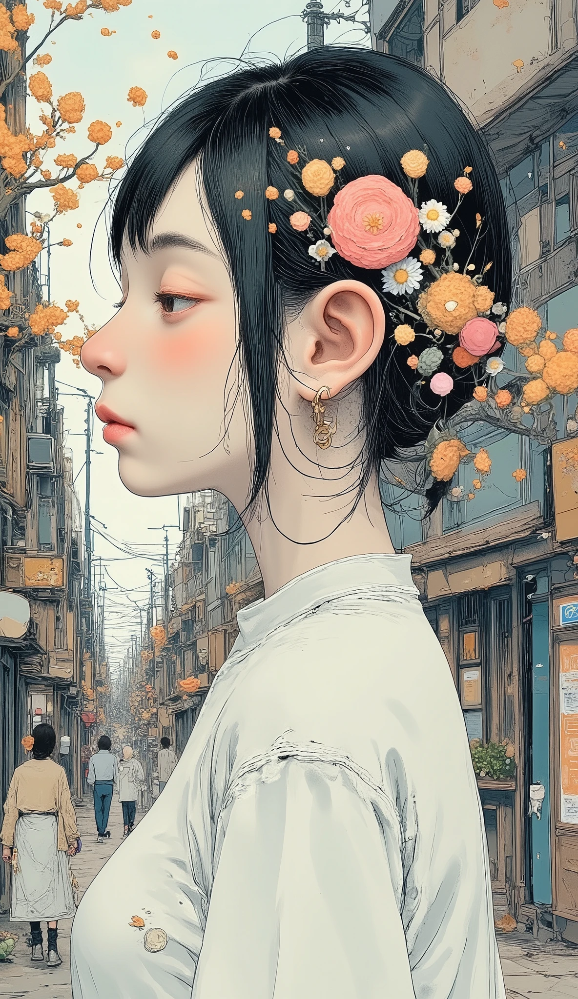 1girl、Nicotiana alata、An abandoned building、Hold a cigarette、smoking、Decadent、「I like solitude」、Nicotiana × sanderae、lipstick、Eyeshadow、half closed eyes, tegaki, masterpiece, best quality, very aesthetic, absurdres, highly detailed,
