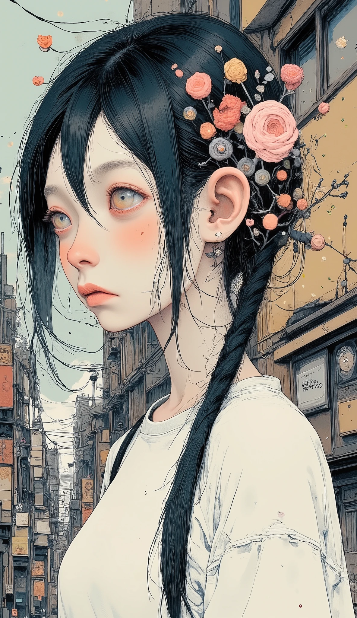 smoke a cigarette:1.4, (masterpiece), (high resolution), (top quality), (super delicate), ((line drawing cartoon style)), ((wallpaper)), ((Diverse angles)), Comic Style Illustrations, (drawing style), Outline warm color, eerie, horror factor, ((ryokan)), (Distinctive hair style), (Creative accessories), (individualistic atmosphere), Eerie worldview, Suspicious atmosphere, dark fantasy, Fantasy Town, extra