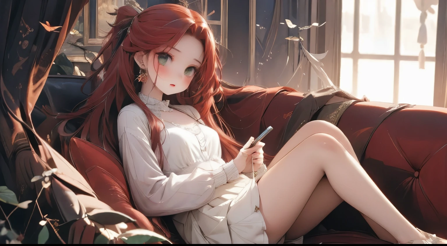 ( masterpiece) Pretty girl with green eyes and long red hair, white blouse, Short skirt sitting on a sofa .