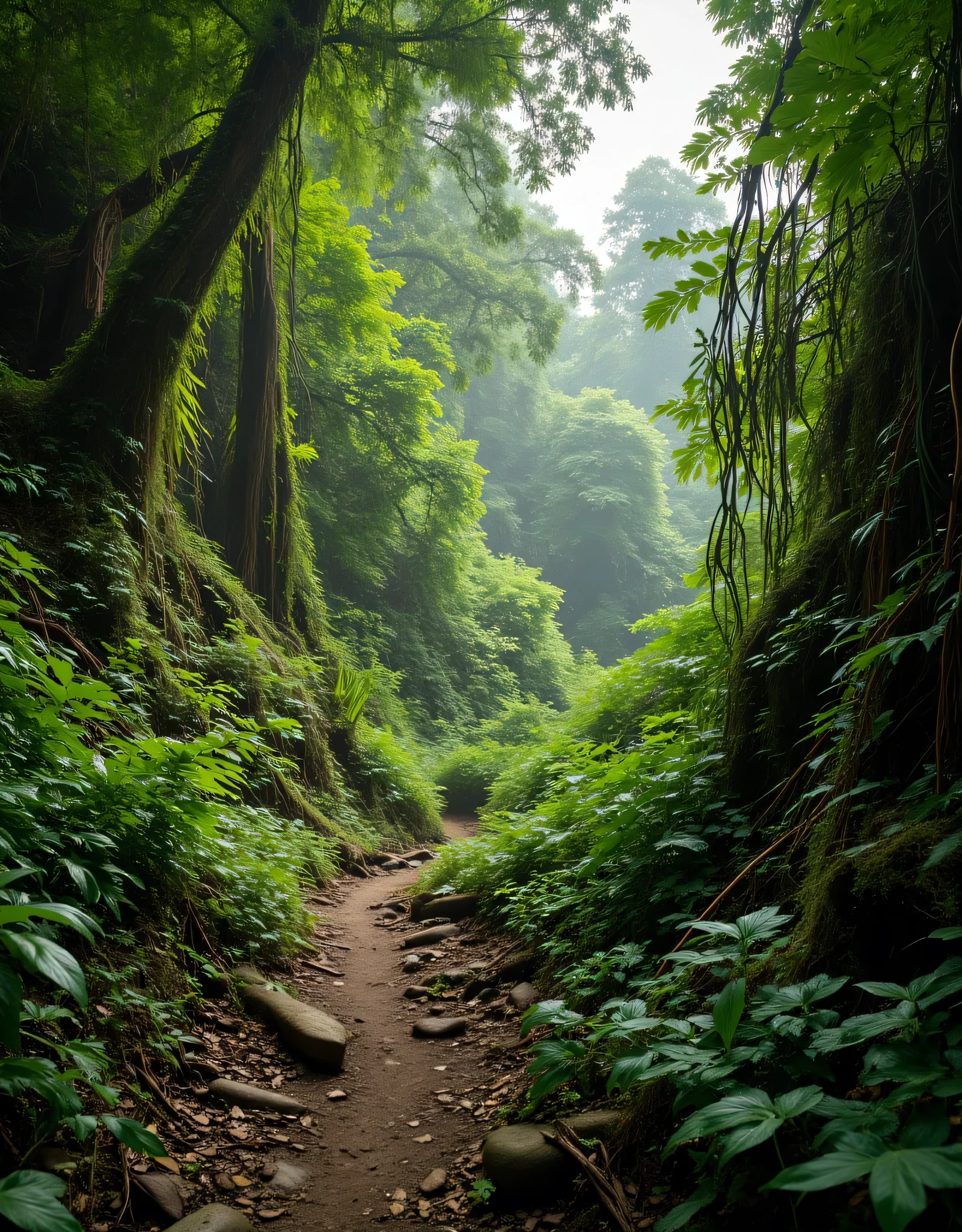 Create an ultra-definition photo image capturing a hyper-realistic portrayal of a deep rain tropical jungle of hiking trail. Emphasize the stunning intricacies of nature, employing a National Geographic photography style. Highlight the hyper-realistic textures of the foliage, the interplay of light and shadow, and the natural vibrant colors throughout the ultrarealistic of hiking trail scenery. Focus on a mixed lighting concept that enhances the fullest depth and clarity of the image, showcasing it as an award-winning piece of nature photography. Ensure the final result is a RAW photo image of the highest quality, inviting viewers to immerse themselves in the serene beauty of this untouched hyper-realistic tropical mountaineering wilderness.