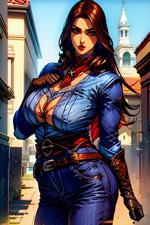 The woman, poca CLOTHES, CLOTHES, knee high boots, Bracelets on the legs, socks, stockings, Florence in the background, Florence, ((evening, night,)) renaissance, very detailed birth, Realistic long-term photography., 4k, by the wide, brown hair, By the chestnut, Red lips, ((shocks, garagantilla)),bracelet, sexy,red lips, brown eyes, big breasts, big breasts, Lucia Auditore